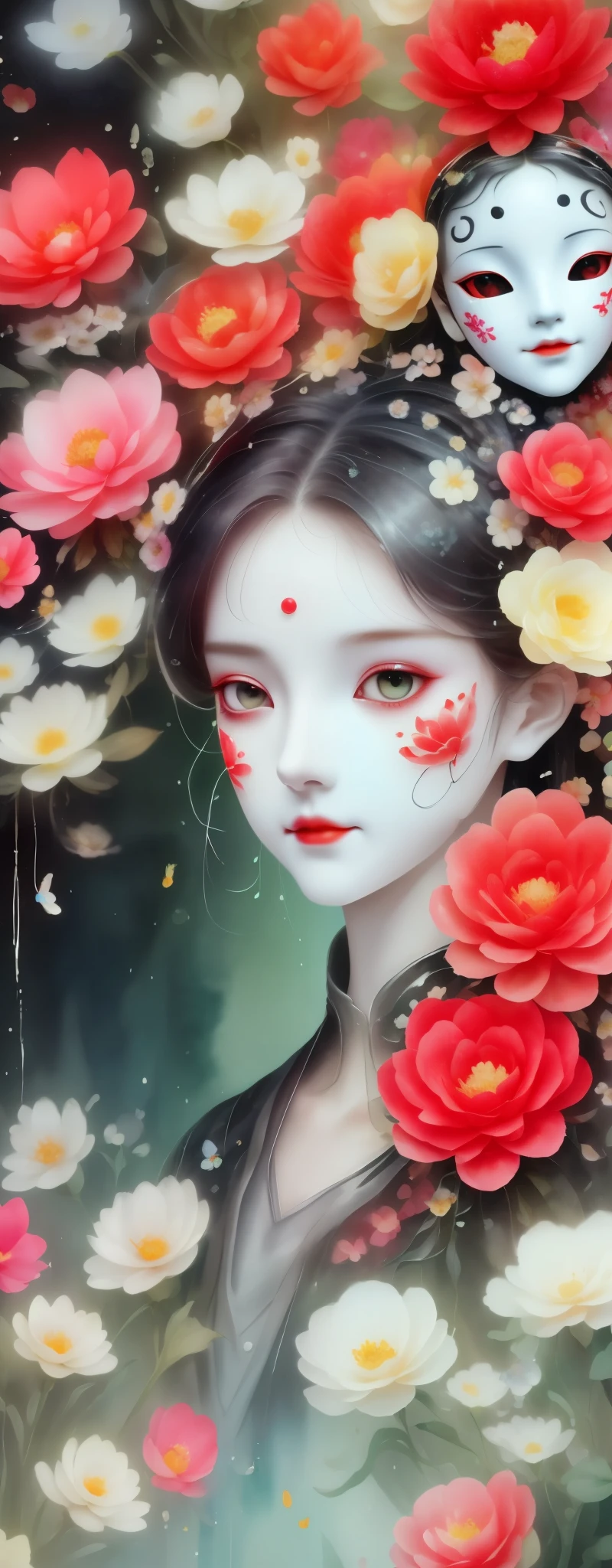 watercolor painting：1.37，wet，flowing water marks。1 puppet，Mechanical doll，，empty eyes，mask among flowers，White mask surrounded by flowers，3D mask，Cut-out mask，Glowing insects，black，red，green，light and shadow，Actual situation，perfect composition，