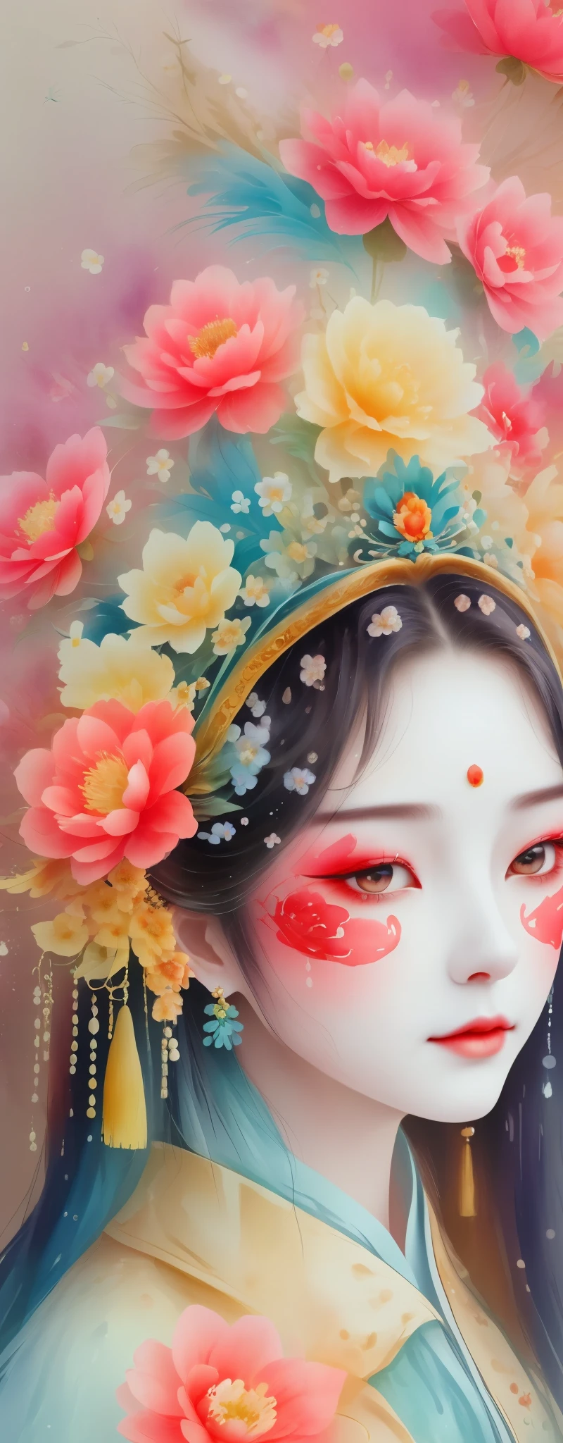 a watercolor painting：wet，flowing water marks。（Below is a portrait of a Chinese princess，exquisite makeup，flower headdress，surrounded by flowers，Chinese elements）。（There&#39;s a mask on it，Clown 3D Mask，hollow，Flowers grow from empty eyes，Flowers blooming on the mask）。Strong wind，petals in the air，