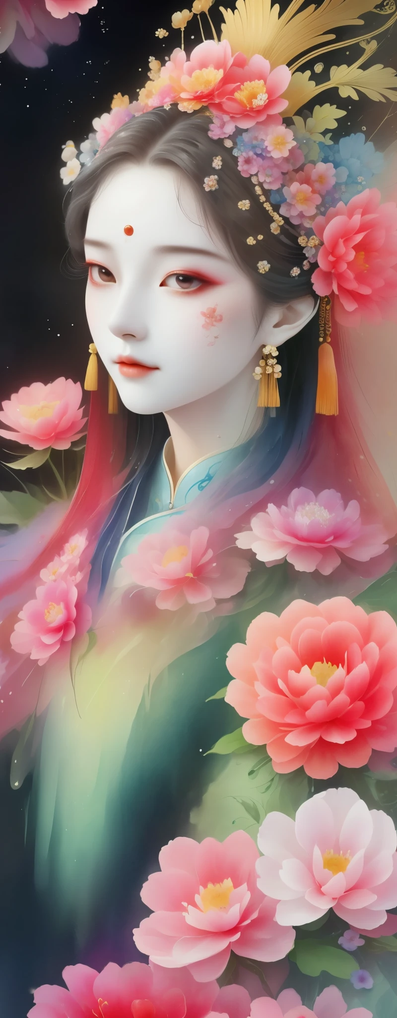 a watercolor painting：wet，flowing water marks。（Below is a portrait of a Chinese princess，exquisite makeup，flower headdress，surrounded by flowers，Chinese elements）。（There&#39;s a mask on it，Clown 3D Mask，hollow，Flowers grow from empty eyes，Flowers blooming on the mask）。Strong wind，petals in the air，