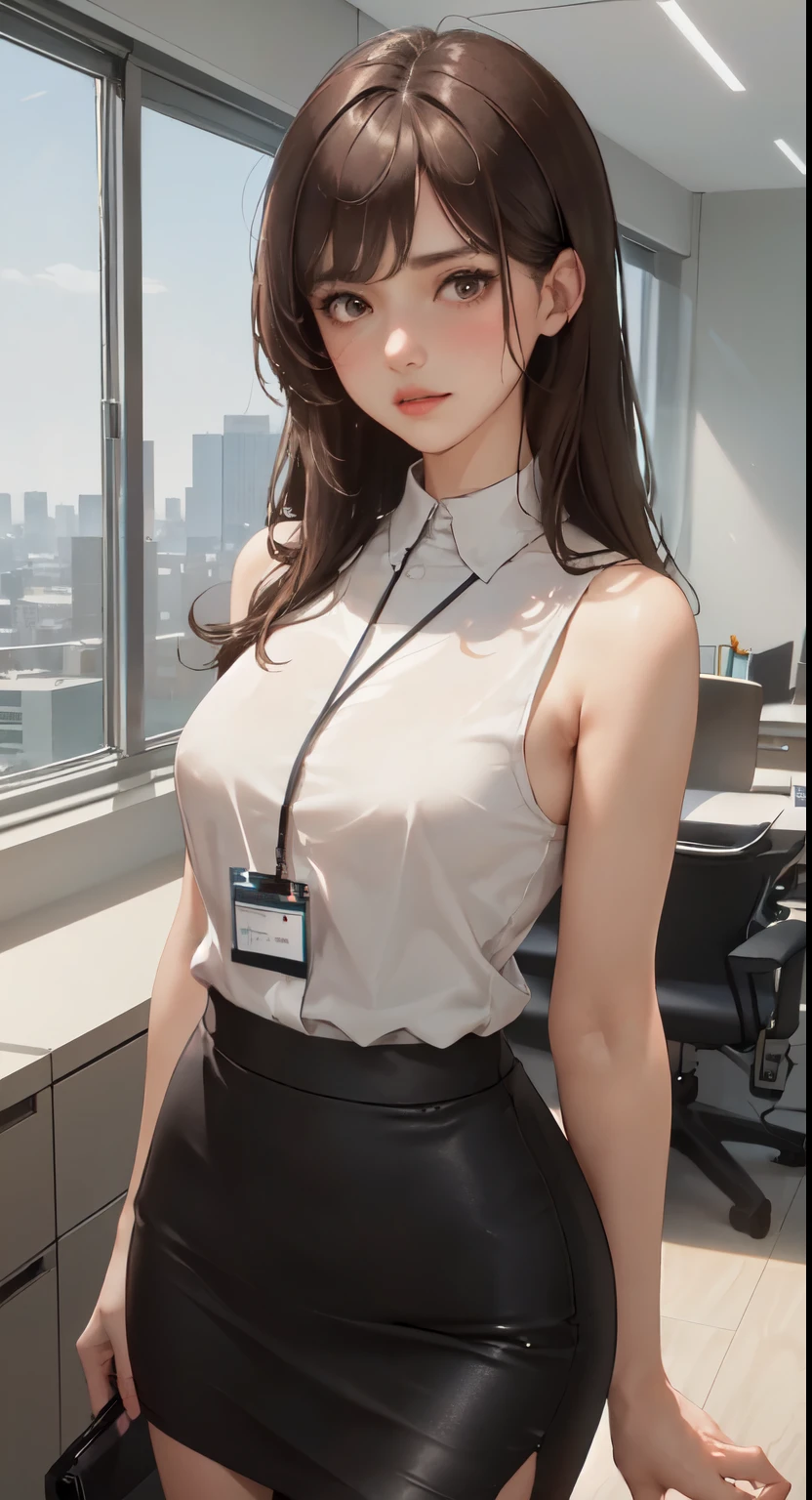 1 standing lady, /(casual shirt/) (black pencil skirt:1.1) /(ID card lanyard/), adult, /(brown hair/), /(sleeveless/), small breasts,Bangs, moan, lips parted, blush, (Masterpiece best quality:1.2) Exquisite illustrations and super detailedBREAK /(Modern office interior/), windows skyscraper