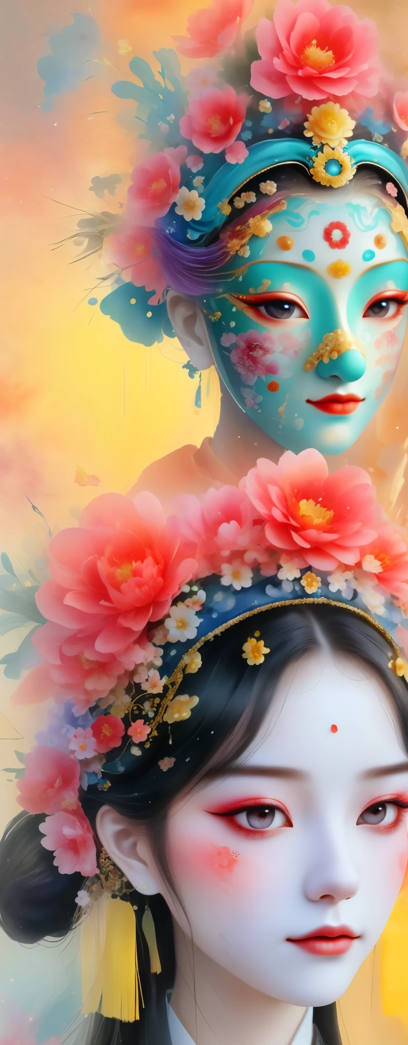 a watercolor painting：wet，flowing water marks。（Below is a portrait of a Chinese princess，exquisite makeup，flower headdress，surrounded by flowers，Chinese elements）。（There&#39;s a mask on it，Clown 3D Mask，hollow，Flowers grow from empty eyes，Flowers blooming on the mask）。Strong wind，petals in the air，