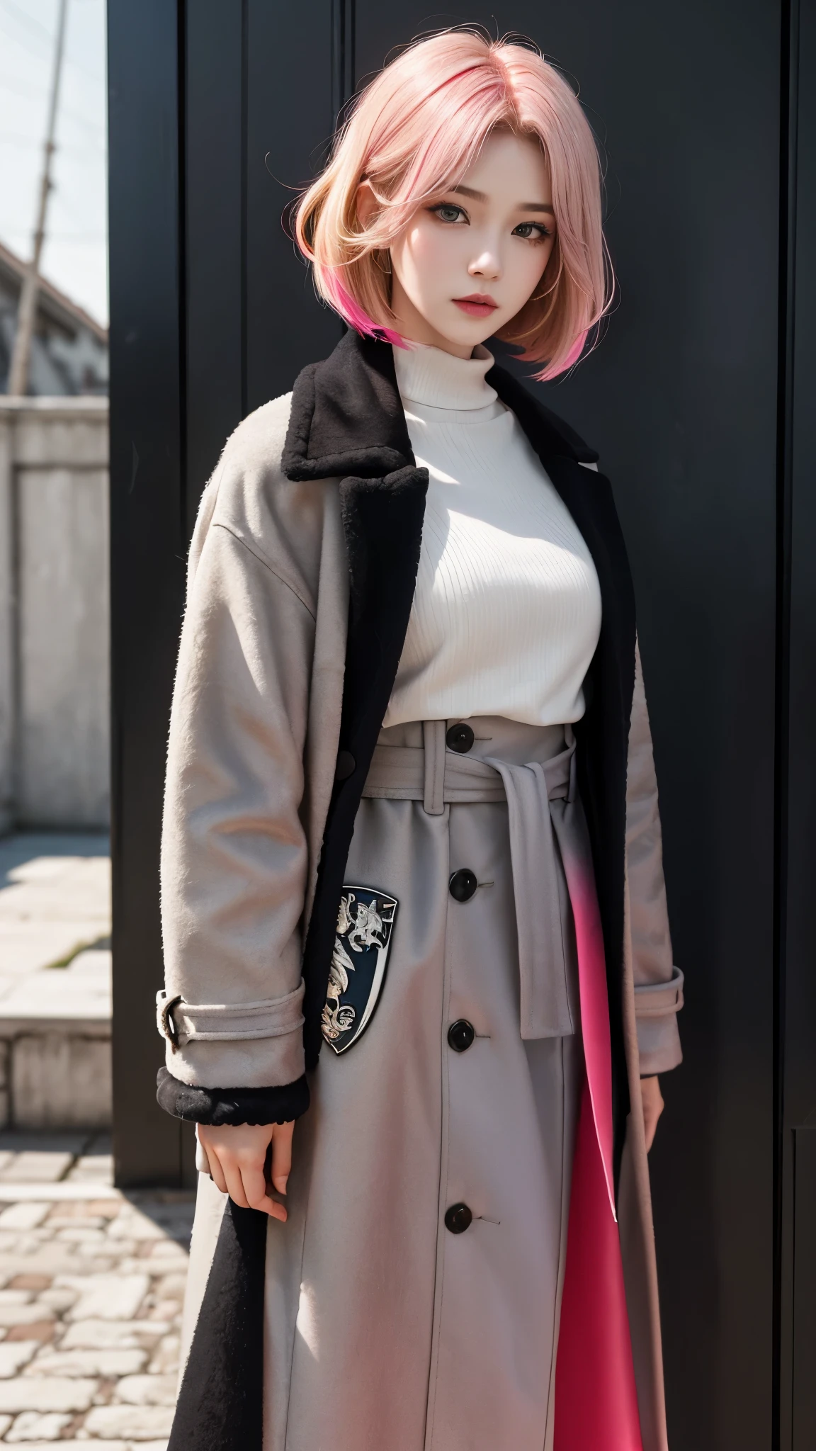 Realistic Red Sotheby Girl Photo,short bob cut,Her hair color is bright pink and has a gradation with blonde.,cool look,background is gray,Coat of arms of the Principality of Zeon,The 16-year-old daughter of Hamankarn and Char Aznable.,