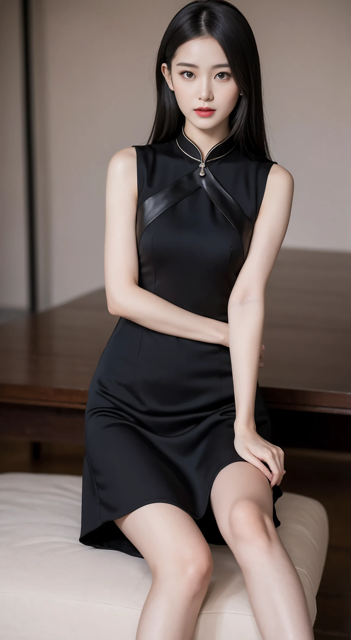 araffe woman sitting on a bench in a black dress, stunning elegant pose, chinese girl, sexy dress, beautiful asian girl, gorgeous chinese model, beautiful model girl, cute elegant pose, asian girl, beautiful girl model, elegant seducing pose, wearing an elegant dress, tight dress, beautiful asian woman, tall thin beautiful goddess, cheongsam