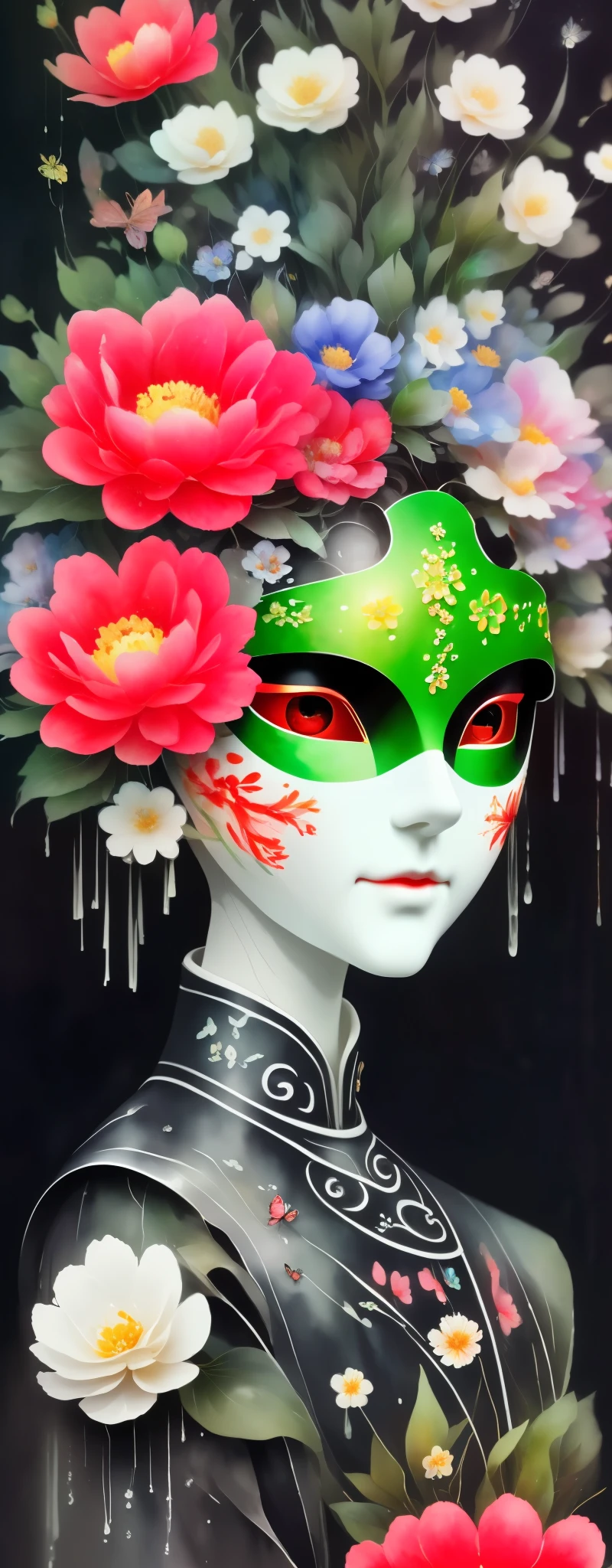 watercolor painting：1.37，wet，flowing water marks。1 puppet，Mechanical doll，empty eyes，mask among flowers，White mask surrounded by flowers，3D mask，Cut-out mask，Glowing insects，black，red，green，light and shadow，Actual situation，perfect composition，