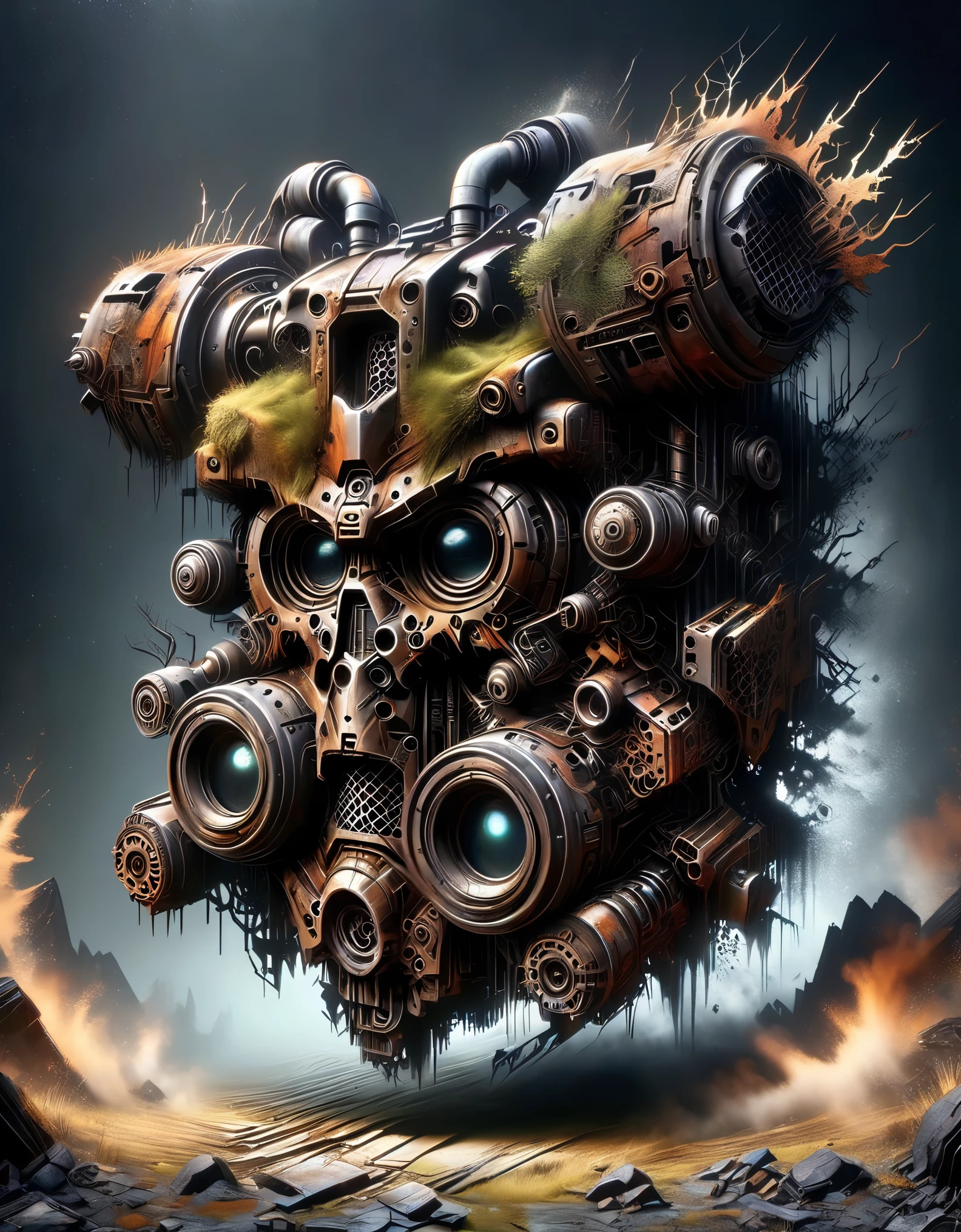 (Best Quality, High Definition), Abandoned machinery, super duper robotic heads with severed limbs, super duper robotic heads with mutilated bodies, super duper scrapped robotic heads ，（covered with dead branches），（Rusty 0.35）, （Mutilated limbs），super duper broken mecha trash mountains, mechanical trash mountains, post-apocalyptic, anti-utopia, rusty metal, broken parts, moss, ghostly atmospheres, destroyed cities, mechanical wrecks, inanimate, desolation, somber lighting, dramatic perspectives, decay, futuristic, cyberpunk aesthetics, darkness, contrasts, shadows, mystique, abandoned buildings, debris, discarded machinery, ghosts, silence, loneliness, barrenness,，