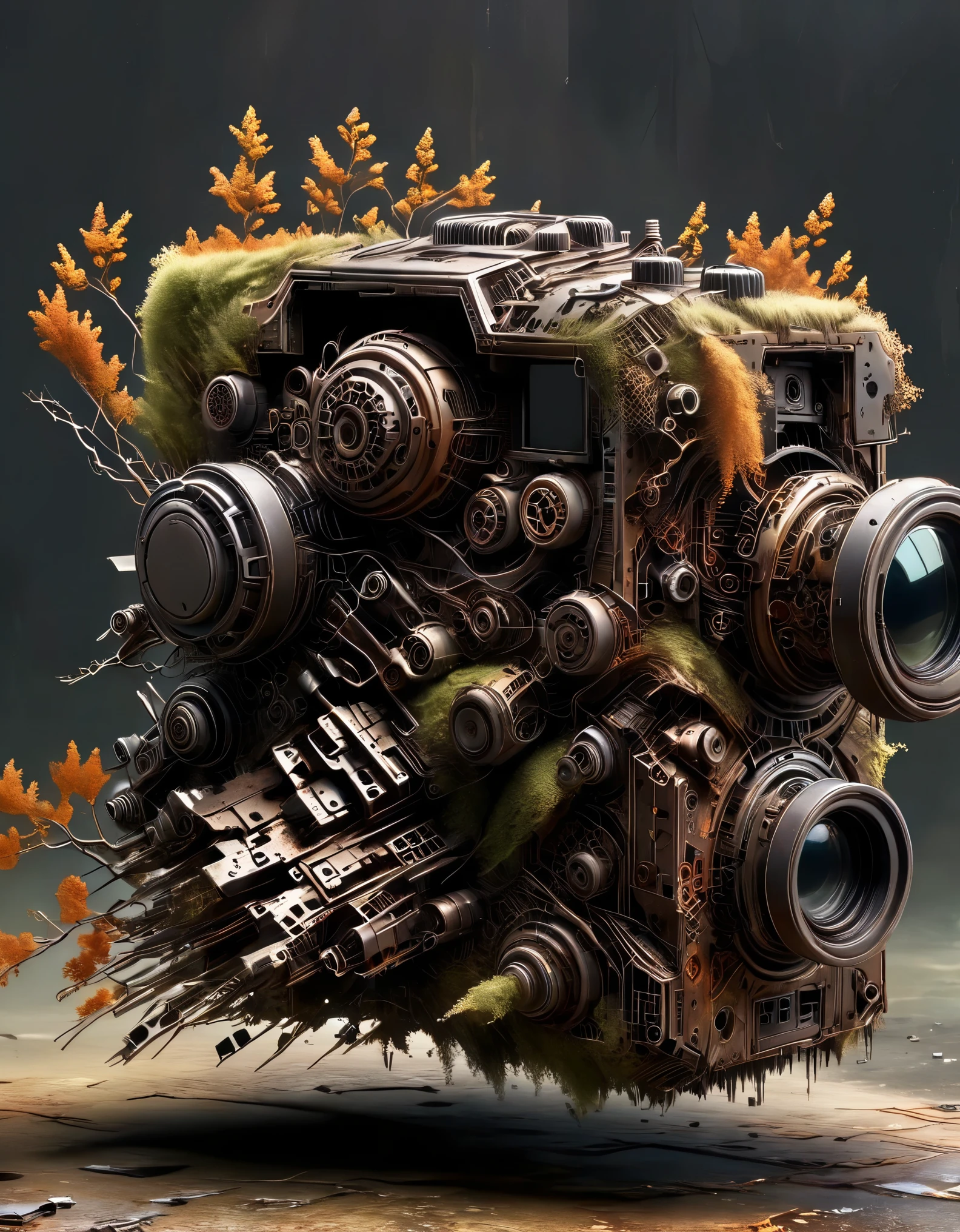 (Best Quality, High Definition), Abandoned machinery, super duper robotic heads with severed limbs, super duper robotic heads with mutilated bodies, super duper scrapped robotic heads ，（covered with dead branches），（Rusty 0.35）, （Mutilated limbs），super duper broken mecha trash mountains, mechanical trash mountains, post-apocalyptic, anti-utopia, rusty metal, broken parts, moss, ghostly atmospheres, destroyed cities, mechanical wrecks, inanimate, desolation, somber lighting, dramatic perspectives, decay, futuristic, cyberpunk aesthetics, darkness, contrasts, shadows, mystique, abandoned buildings, debris, discarded machinery, ghosts, silence, loneliness, barrenness,，