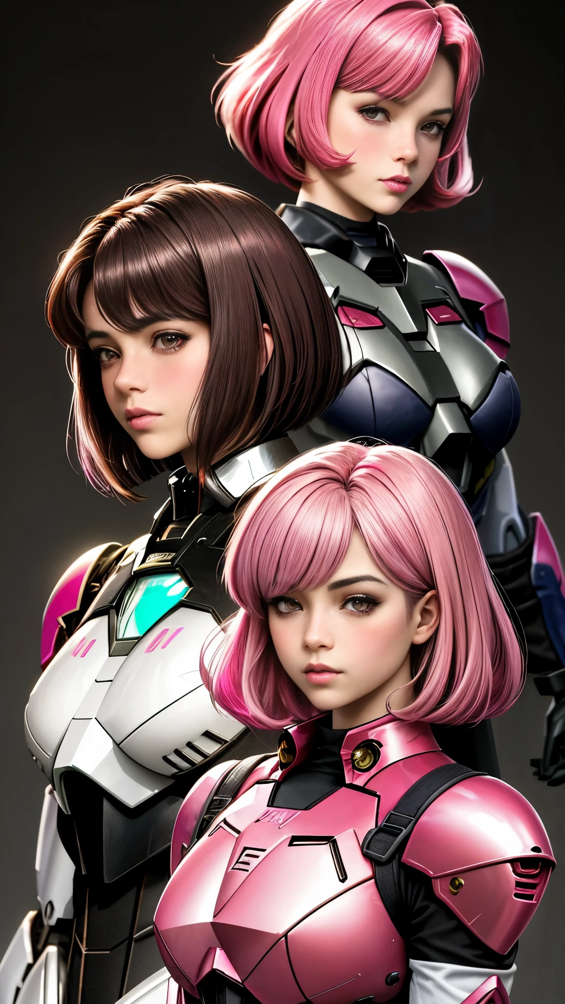 Photo of two realistic black Sazabi girls,Shortcut Bob Cut,I have a lot of hair,brown eyes,Hair color is bright pink,cool look,background is gray,16 year old daughter of Haman Khan and Char Aznable.