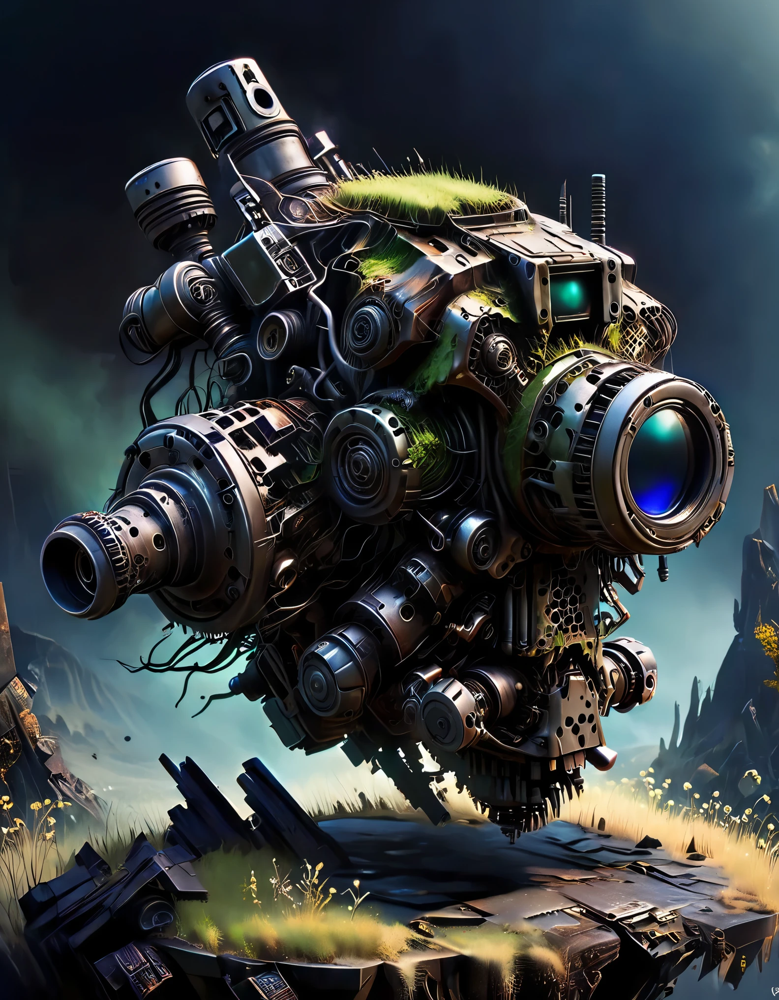 (Best Quality, High Definition), Abandoned machinery, super duper robotic heads with severed limbs, super duper robotic heads with mutilated bodies, super duper scrapped robotic heads ,(covered with dead branches),(Rusty 0.35), (Mutilated limbs),super duper broken mecha trash mountains, mechanical trash mountains, post-apocalyptic, anti-utopia, rusty metal, broken parts, moss, ghostly atmospheres, destroyed cities, mechanical wrecks, inanimate, desolation, somber lighting, dramatic perspectives, decay, futuristic, cyberpunk aesthetics, darkness, contrasts, shadows, mystique, abandoned buildings, debris, discarded machinery, ghosts, silence, loneliness, barrenness,,