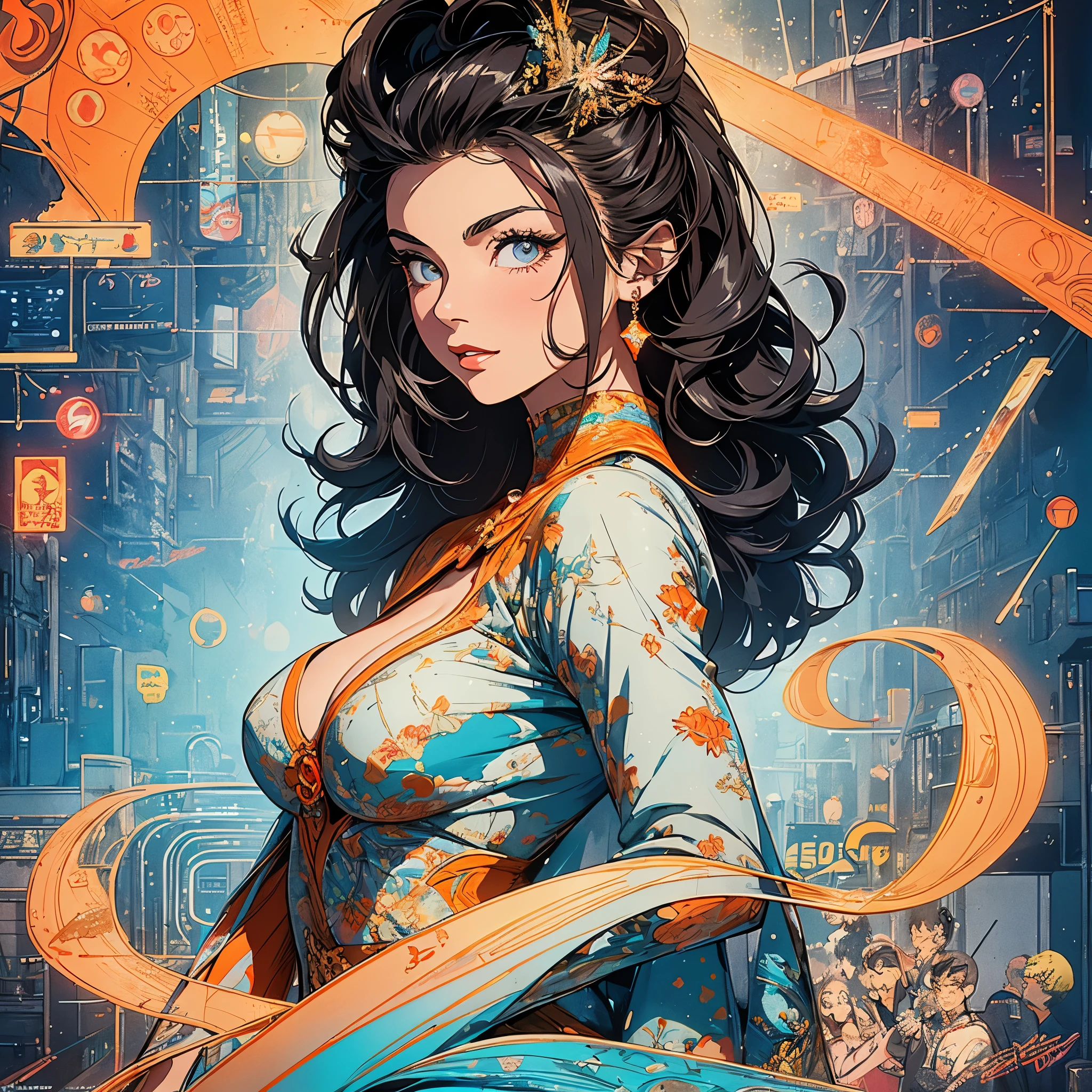 (masterpiece, highest quality), 32K,(highly detailed beautiful woman), poster,SF,1960s,1970s,bauhaus, shape, abstract,movie poster, vintage,retro,futuristic anime,ultimate map,highlight,highly detailed glowing eyes,cleavage,complicated pattern,Stylish hairstyle,gray and orange clothes,Starry Sky