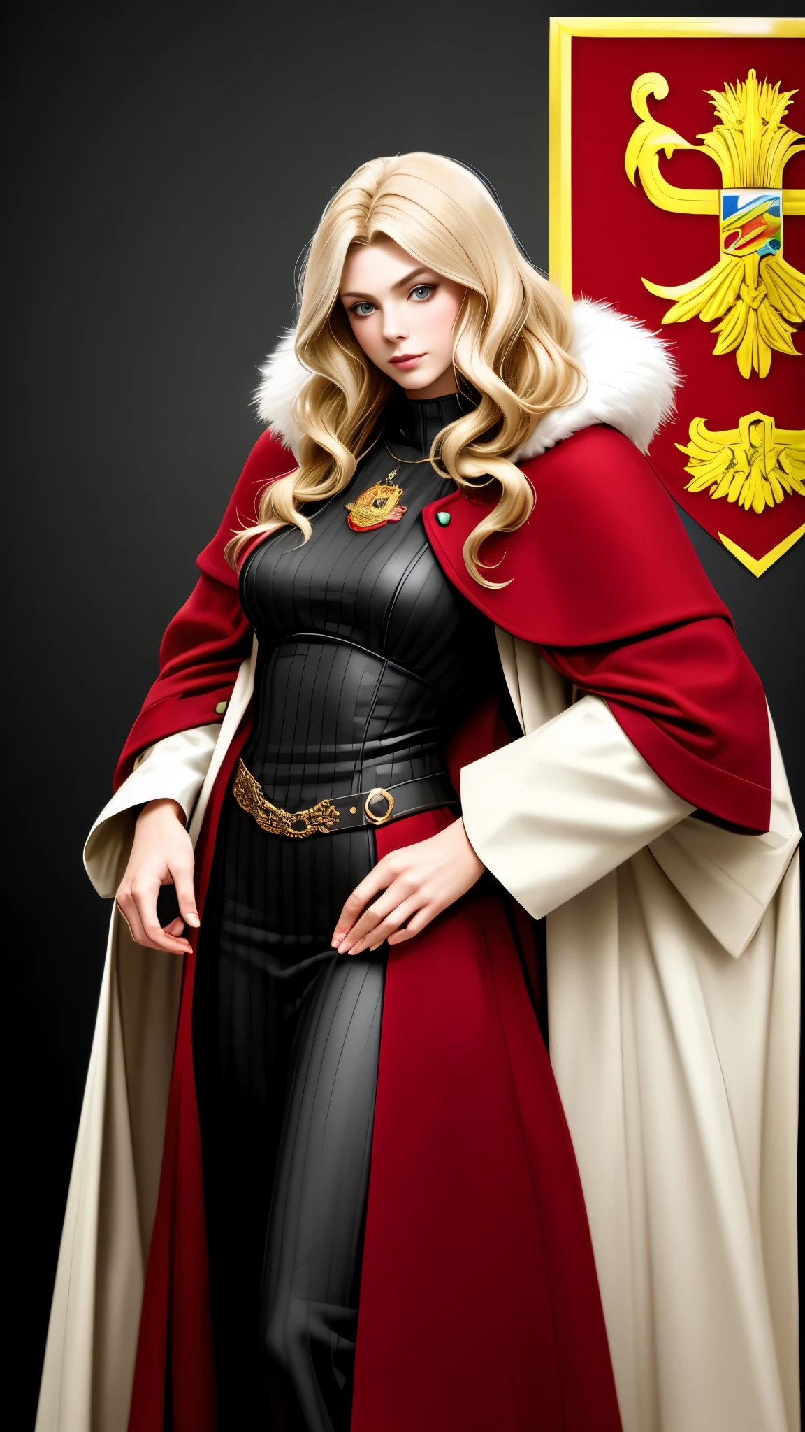 Realistic Red Sotheby Girl Photo，35 year old beautiful woman，long side waves，delicate blonde hair，cool look，background is gray，Coat of arms of the Principality of Zeon，