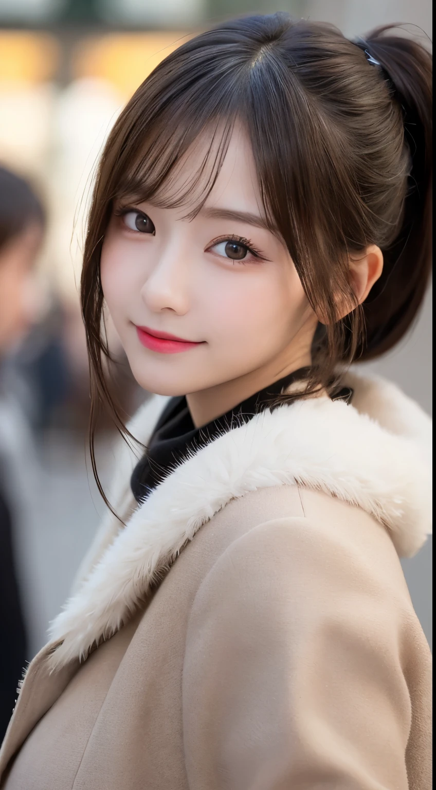 table top, highest quality, shape, Super detailed, finely, High resolution, 8k wallpaper, perfect dynamic composition shape, beautiful and detailed eyes, tokyo trend冬ファッション,tokyo trend&Introducing cute hairstyles at random, small breasts, natural color lip, random sexy pose,cute smile、20 year old girl、beautiful and detailed face、perfect and beautiful face,Big eyes、Wearing a fluffy black luxury mink coat、beautiful and detailed face、perfect and beautiful double eyelids、blur the background、perfect and beautiful face、bright look、Twin ponytail hairstyle