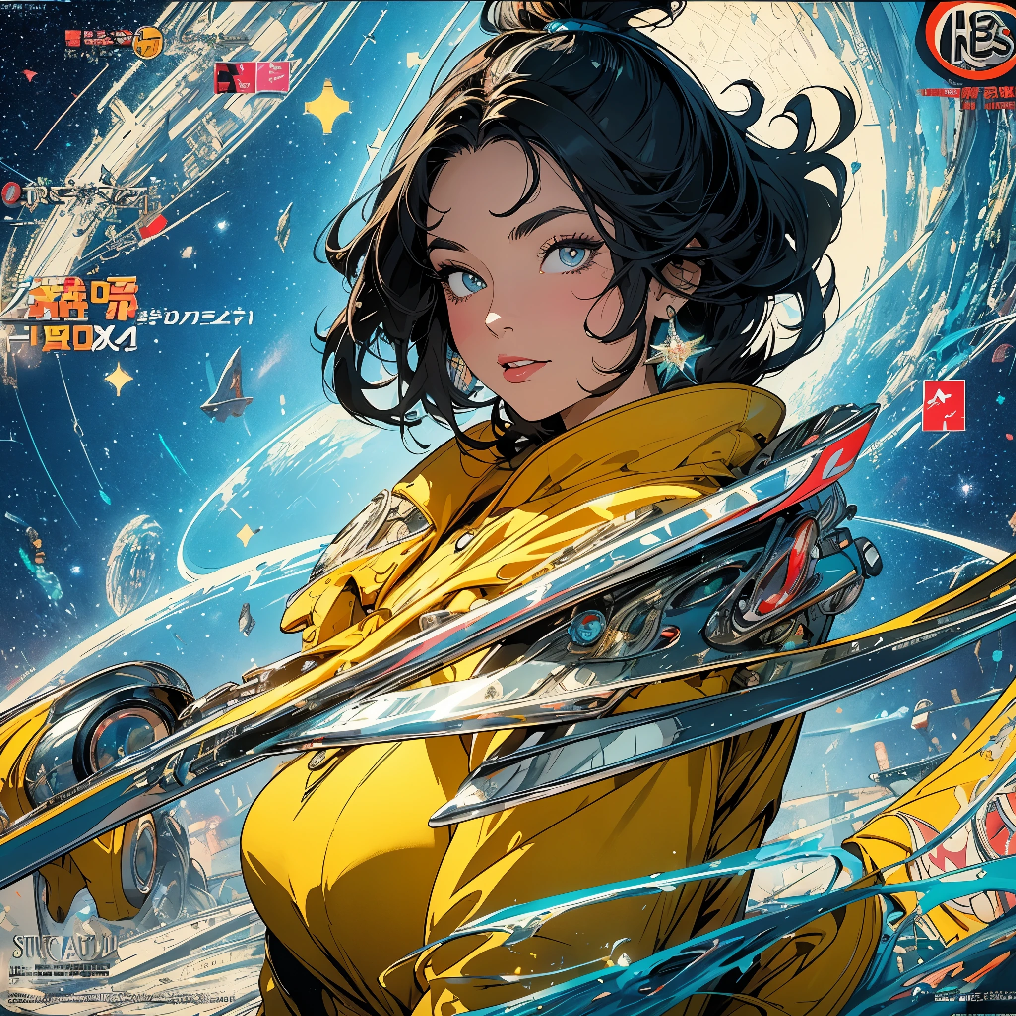 (masterpiece, highest quality), 32K,(highly detailed beautiful woman), poster,SF,1960s,1970s,bauhaus, shape, abstract,movie poster, vintage,retro,futuristic anime,ultimate map,highlight,highly detailed glowing eyes,cleavage,complicated pattern,Stylish hairstyle,yellow clothes,Starry Sky