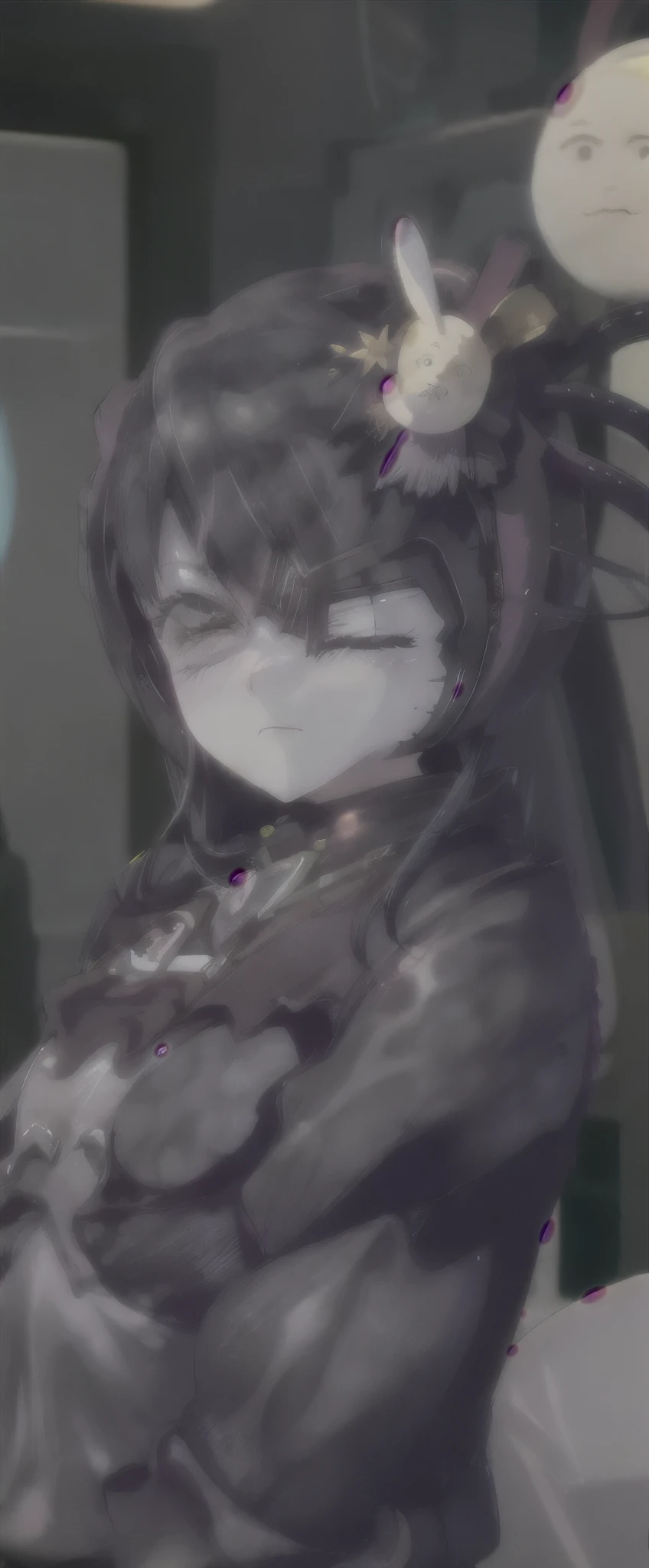 Hoshino Ai, long hair, purple hair, streaked hair ,purple eyes, star-shaped pupils, hair ornament, borg
cyborg
bald
gray skin
veins
metal armor
cable
eyepatch deadapn eyes closed expression closed eye eyes shut