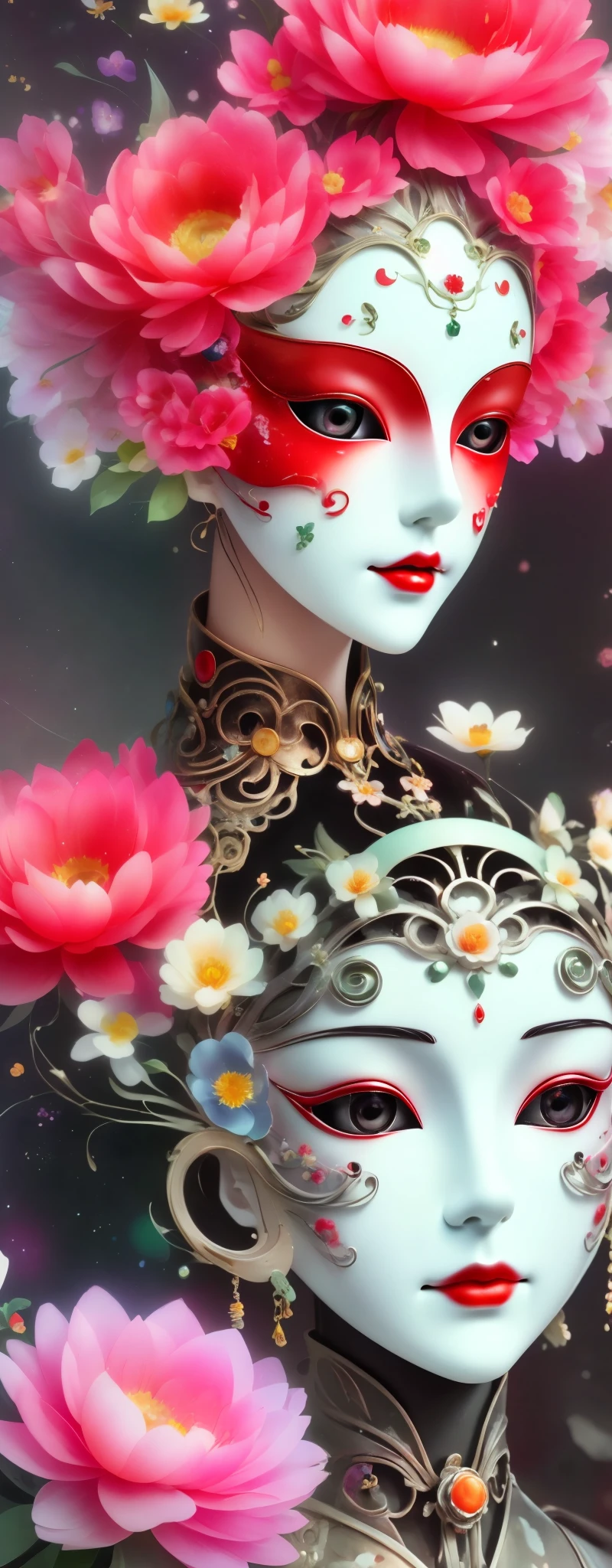 marionette，Mechanical doll，mask among flowers，White mask surrounded by flowers，3D mask，Metal，Cut-out mask，black，red，green，refracted light，light and shadow，Actual situation，perfect composition，