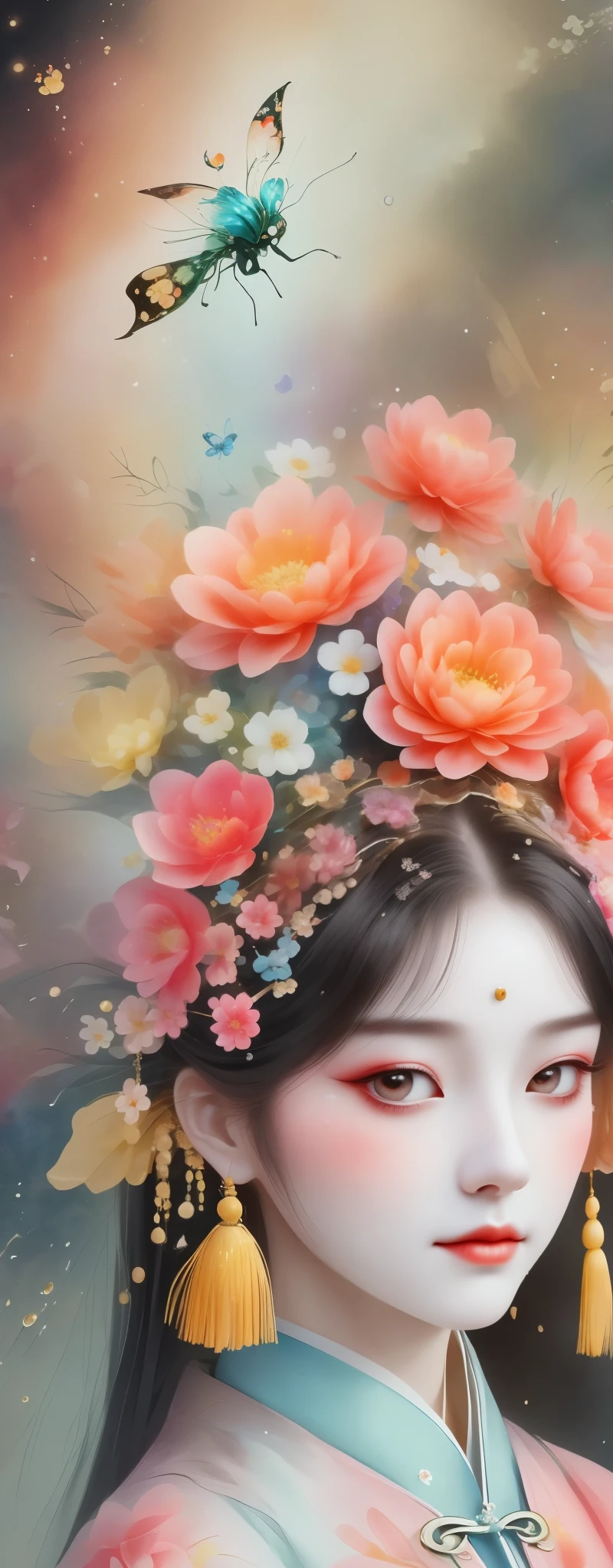 a watercolor painting：wet，flowing water marks。（Below is a portrait of a Chinese princess，exquisite makeup，flower headdress，surrounded by flowers，Chinese elements）。（There&#39;s a mask on it，Clown 3D Mask，hollow，Flowers grow from empty eyes，Flowers blooming on the mask）。Strong wind，petals in the air，Glowing insects in the sky