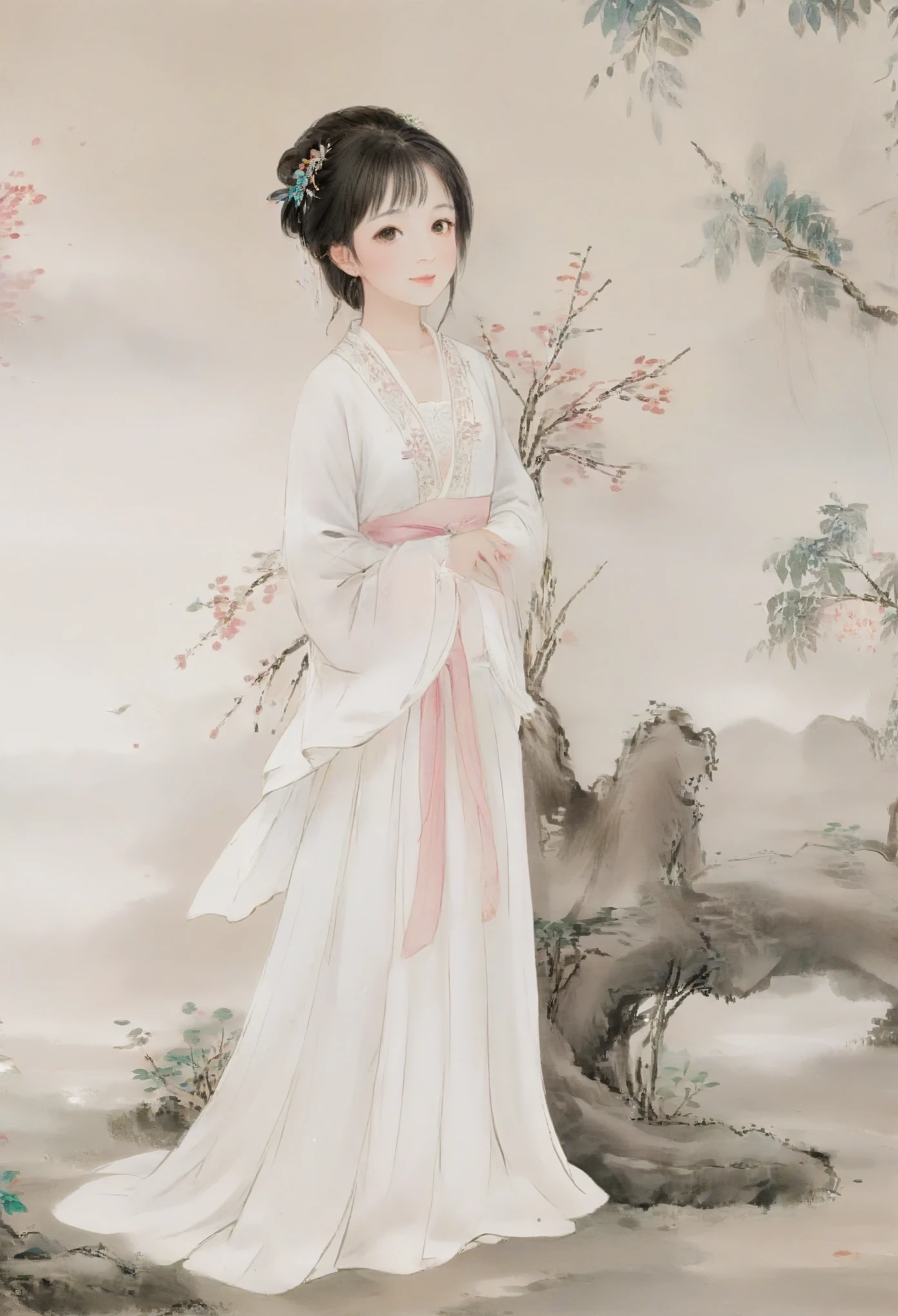 negative space,portrait of a woman standing,willow branches,(masterpiece, best quality:1.2),traditional chinese ink painting,modelshoot style,peaceful,(smile),looking at viewer,(wedding dress:0.8),(mechanical exoskeleton:1),song,willow tree in background,wuchangshuo,(Highest picture quality),(Master's work),(ultra-detailed),(Detailed eye description:1.2),masterpiece,best quality,absurdres,original,extremely delicate and beautiful,beautiful detailed eyes and face,1girl,black_hair,white_clothes,looking_at_viewer,mole,solo,(masterpiece:1.4),(best quality:1.4),hanfu,tang style outfits,pink upper shan,multicolour chest pleated skirt,
