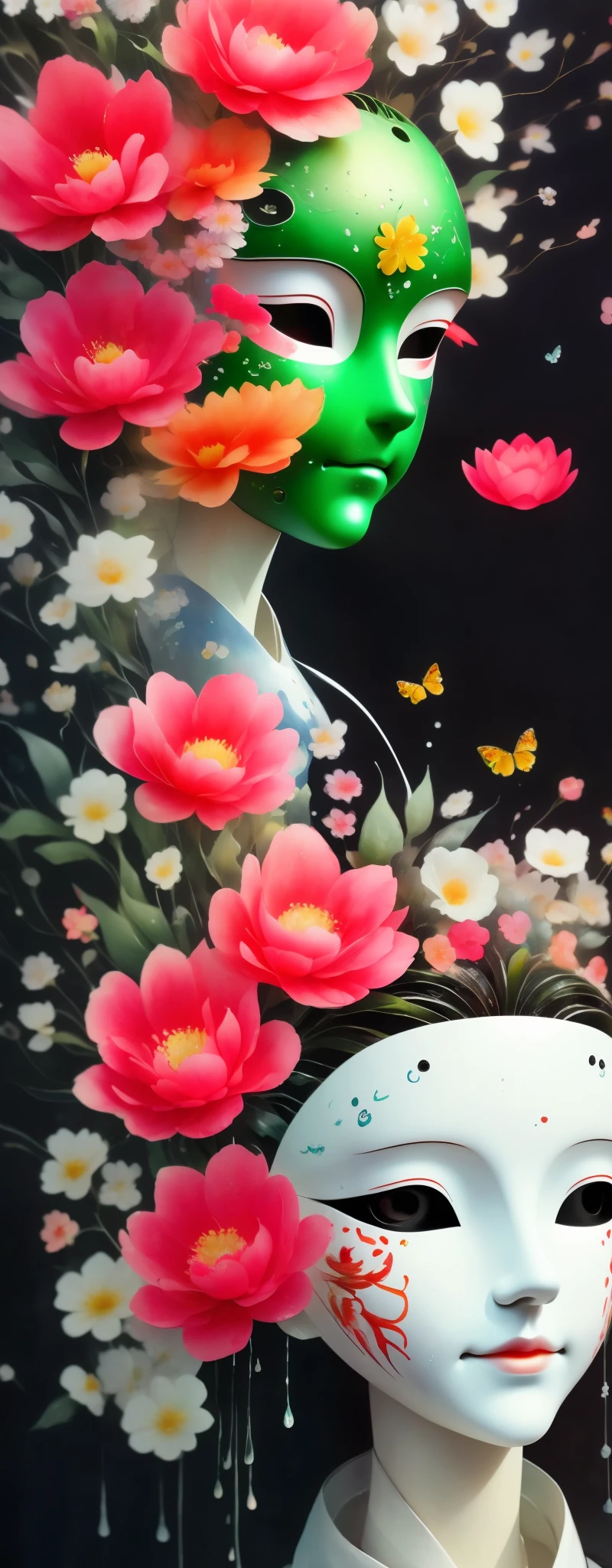 watercolor painting：1.37，wet，flowing water marks。1 puppet，Mechanical doll，empty eyes，mask among flowers，White mask surrounded by flowers，3D mask，Cut-out mask，Glowing insects，black，red，green，light and shadow，Actual situation，perfect composition，