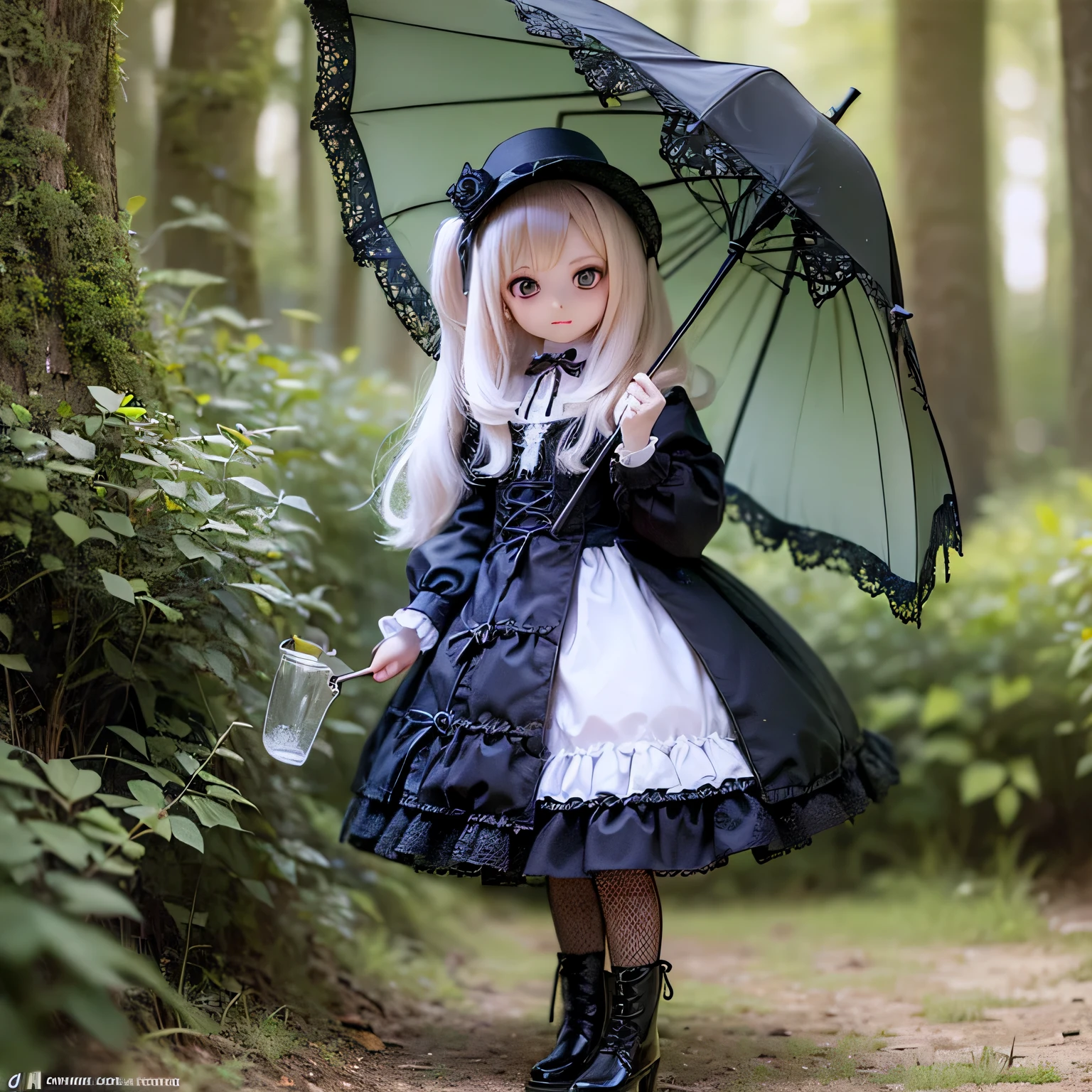 (best quality,4k,8k,highres,masterpiece:1.2),ultra-detailed,(realistic,photorealistic,photo-realistic:1.37),gothic lolita,Ermine girls chibi,cute face,beautiful detailed eyes,long eyelashes,dark frilly dress,victorian fashion,bowler hat,heeled boots,parasol,playing in a whimsical garden,enchanted forest background,mysterious atmosphere,soft lighting,anime style,gothic colors