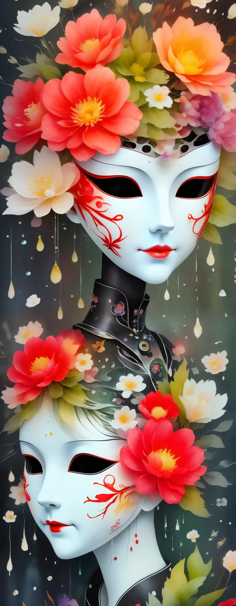 watercolor painting：1.37，wet，flowing water marks。1 puppet，Mechanical doll，empty eyes，mask among flowers，White mask surrounded by flowers，3D mask，Cut-out mask，Glowing insects，black，red，green，light and shadow，Actual situation，perfect composition，