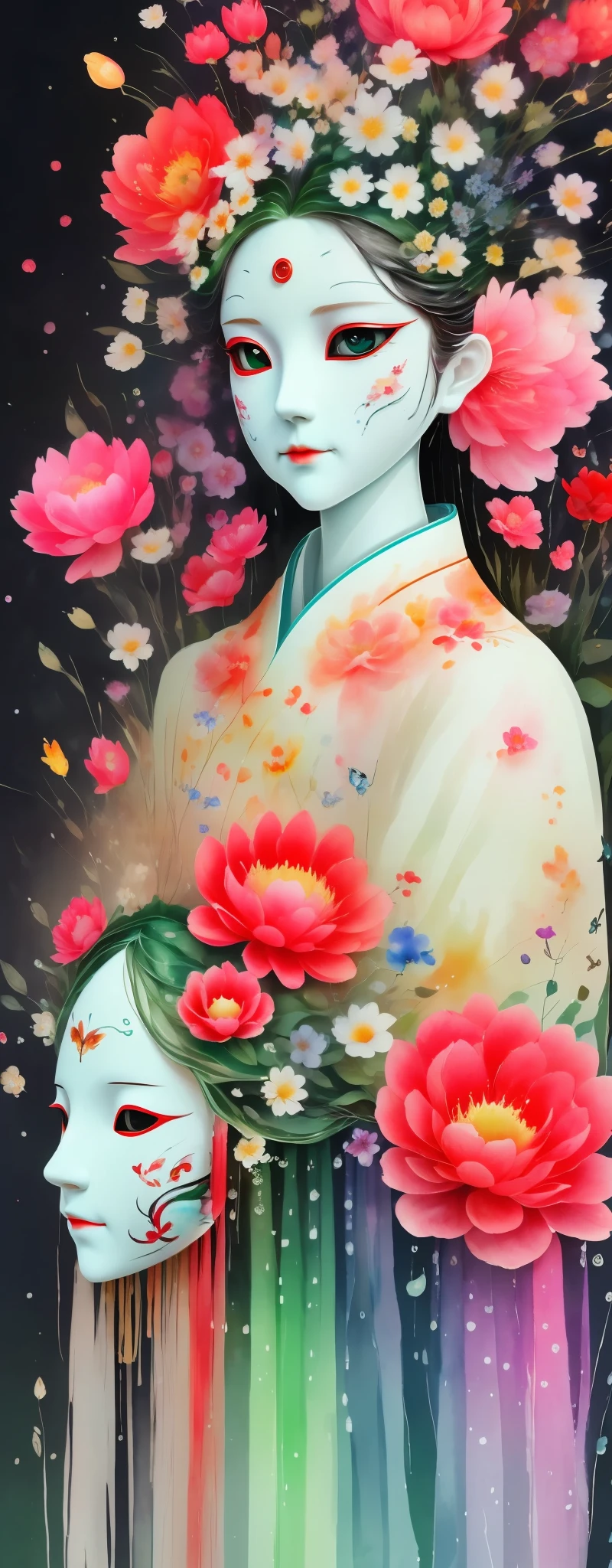 watercolor painting：1.37，wet，flowing water marks。1 puppet，Mechanical doll，empty eyes，mask among flowers，White mask surrounded by flowers，3D mask，Cut-out mask，Flowing Hanfu，Colored clouds，Glowing insects，black，red，green，light and shadow，Actual situation，perfect composition，