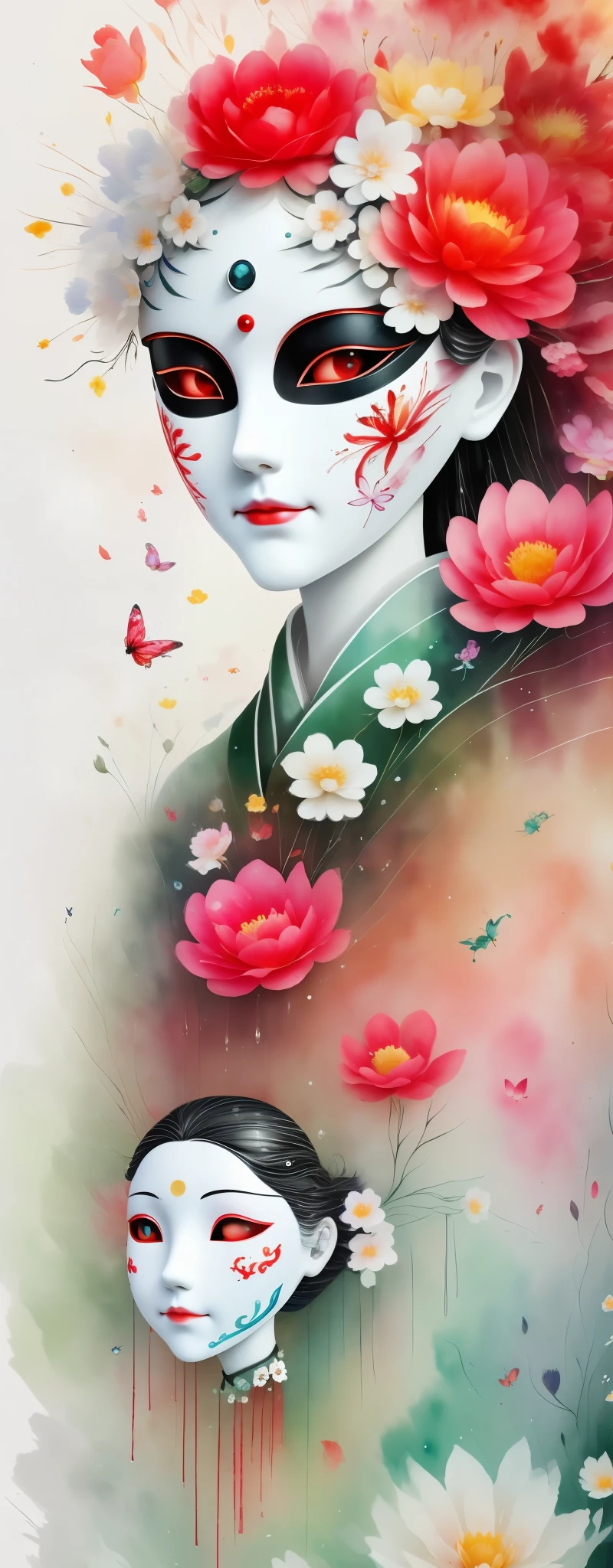 watercolor painting：1.37，wet，flowing water marks。1 puppet，Mechanical doll，empty eyes，mask among flowers，White mask surrounded by flowers，3D mask，Cut-out mask，Flowing Hanfu，Colored clouds，Glowing insects，black，red，green，light and shadow，Actual situation，perfect composition，