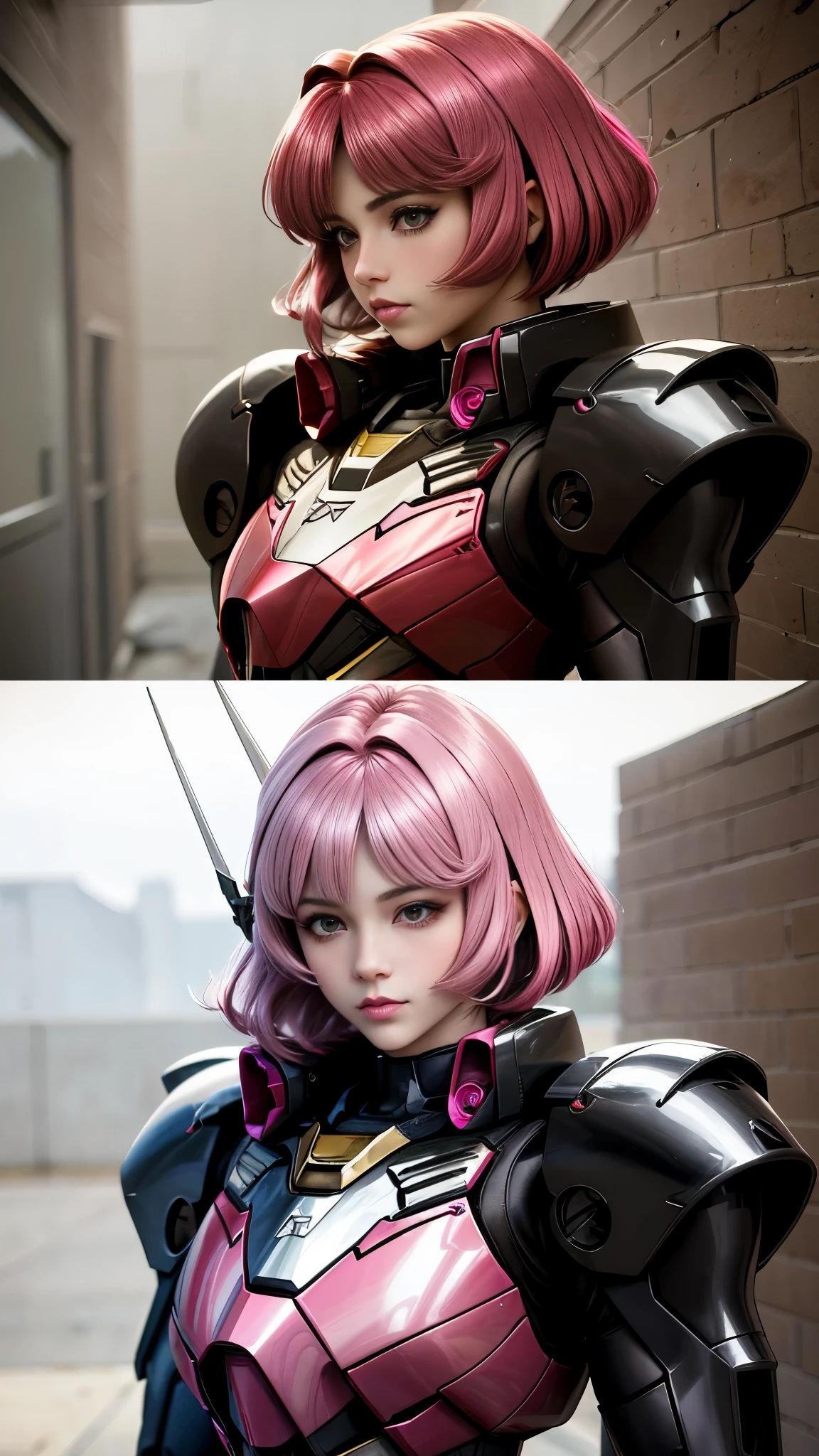 Photo of two realistic black Sazabi girls,Shortcut Bob Cut,I have a lot of hair,brown eyes,Hair color is bright pink,cool look,background is gray,16 year old daughter of Haman Khan and Char Aznable.
