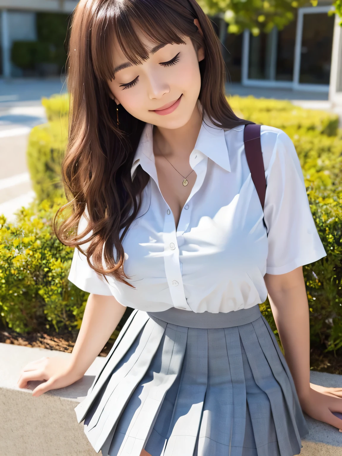 8k, highest quality, real image, intricate details, Super detailed, ultra high resolution, depth field,(realistic,realistic:1.2), from the middle, 1 Japanese girl, very beautiful 17 year old girl, Big eyes, beautiful breasts:1.5、highly detailed eyes:1.2), (beautiful breasts:1.1), (small breasts), wavy hair、curly hair、bangs, perfect skin, Fair skin, huge hips, thick thighs, thick legs, cleavage, tight waist, light blush, alone, looking at the viewer, (light smile), (School_uniform), (white shirt), (gray pleated skirt), (sculpture installation :1.1), break (closed my eyes)