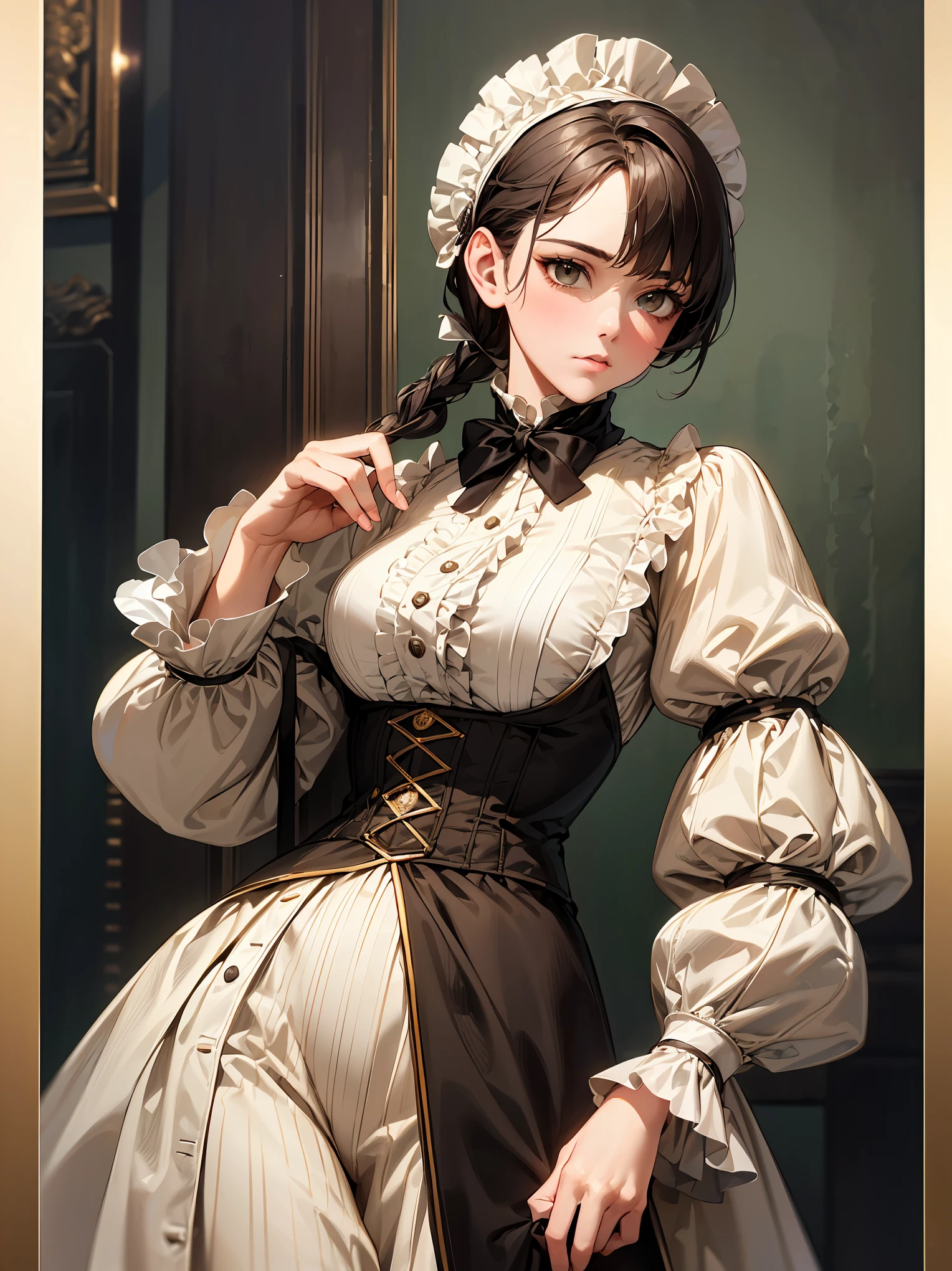 (highest quality、16K、masterpiece、ultra high resolution、Victorian era、Photoreal:1.2)、cowboy shot、One length bob cut braided hair clip with front drop、brand uniform　cute、clear、 Tsundere、heroine attributes
