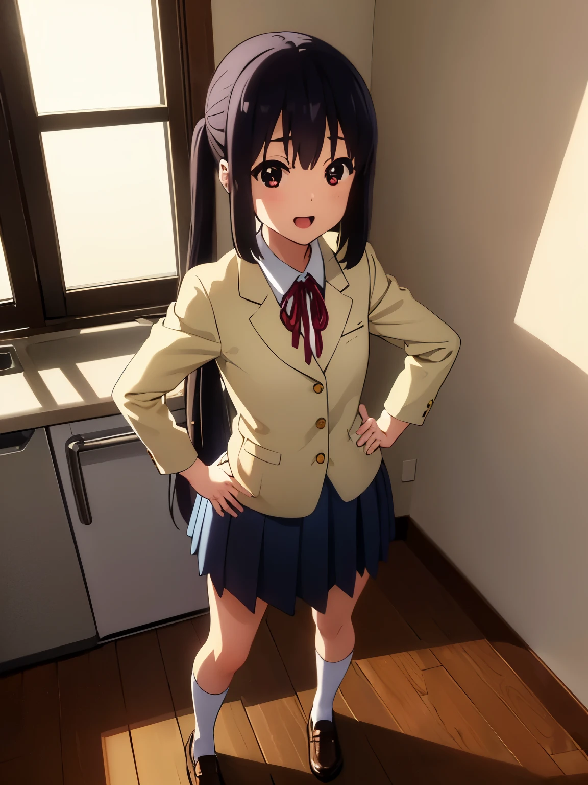 (best quality, masterpiece:1.2), 1girl, (((masterpiece))), (((full body))), top-quality, top-quality, High Details, nakano azusa, 1girl, Sakuragaoka High School Uniform, student clothes,, Twin-tailed, length hair, A dark-haired, brown-eyed, solo, reddish, thin red ribbon, Solid white buttoned shirt under blazer, illustratio, comic strip, soothing tones, Subdued Color, Soft cinematic light, adobe lightroom, photolab, HDR, intricately and hyper-detailed、(((depth of fieldasterpiece)))。(((top-quality))).)((ultra-detailliert)))。(((illustratio)))。(((takeout))).dynamic focus.big breasts.(((kitchen))).(((A home))).(((Face of Smile))). open mouth.(((put hands on the hip))).(((up chest))).((evening glow)).((the setting sun)), solo, anime, anime screencap, ray tracing, global illumination, ultra resolution image, vivid color, cinematic light, lens flare, light on face, glow eyes, depth of field, happy, detailed background, cute, straight-on, dive dress, navel,
