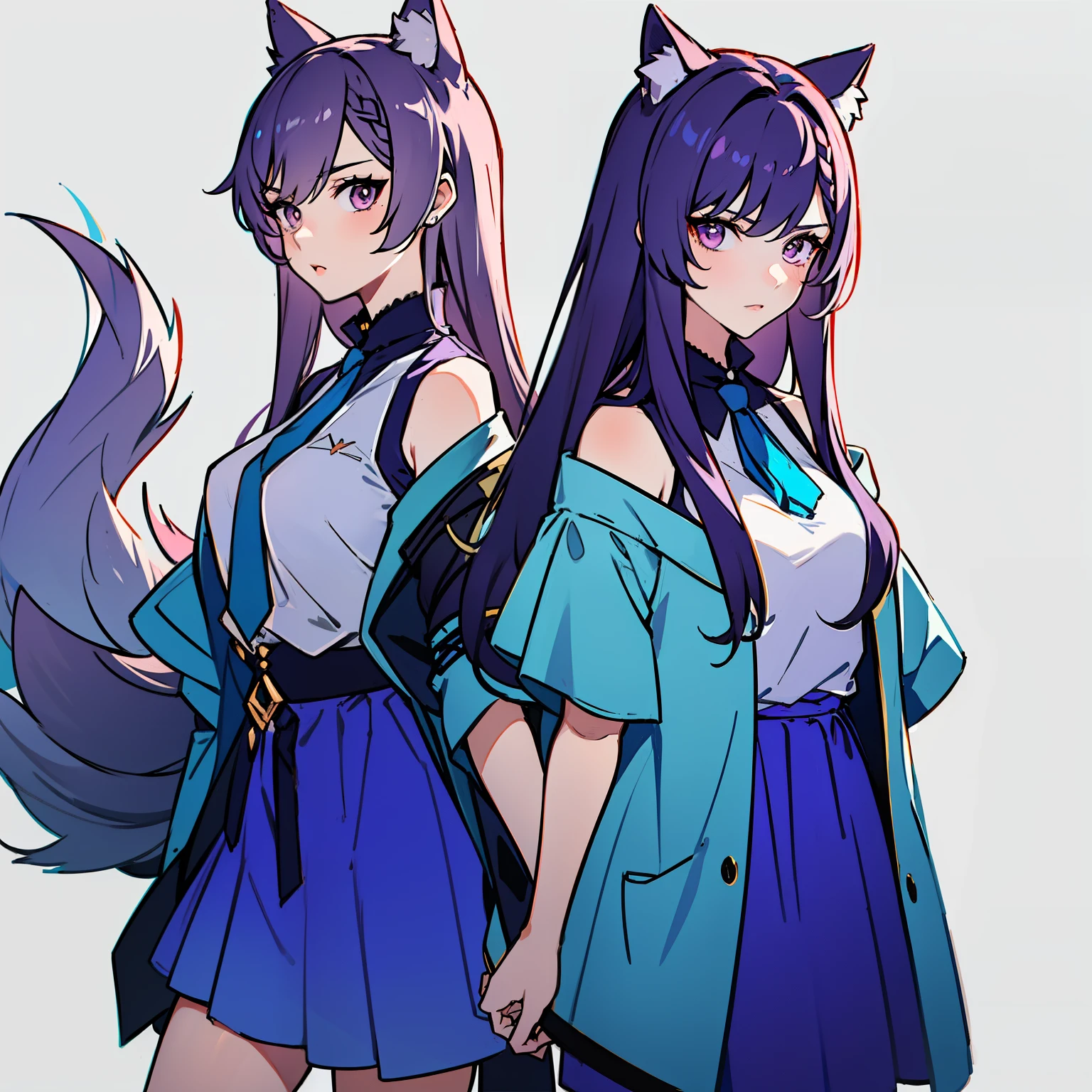 Wolf girl with long dark purple hair, with wolf ears, wolf tail, lilac eyes, with a serious look, dressed in a white T-shirt, blue cardigan and turquoise skirt