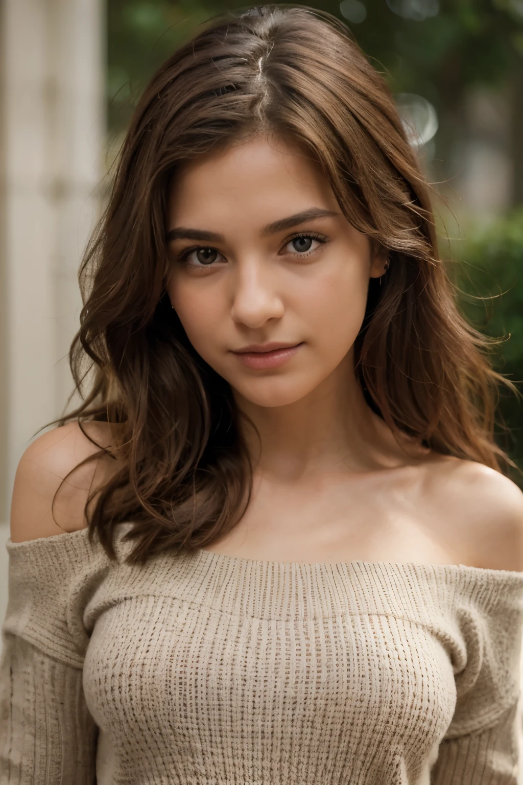Photo réelle de face, d'une jeune femme brune et naturel avec un sourire, cheveux brun, visage parfait, photoprahier en portrait, canon Eos R5, 4k, très haute résolution, très détaillé, éclairé, sans maquillage