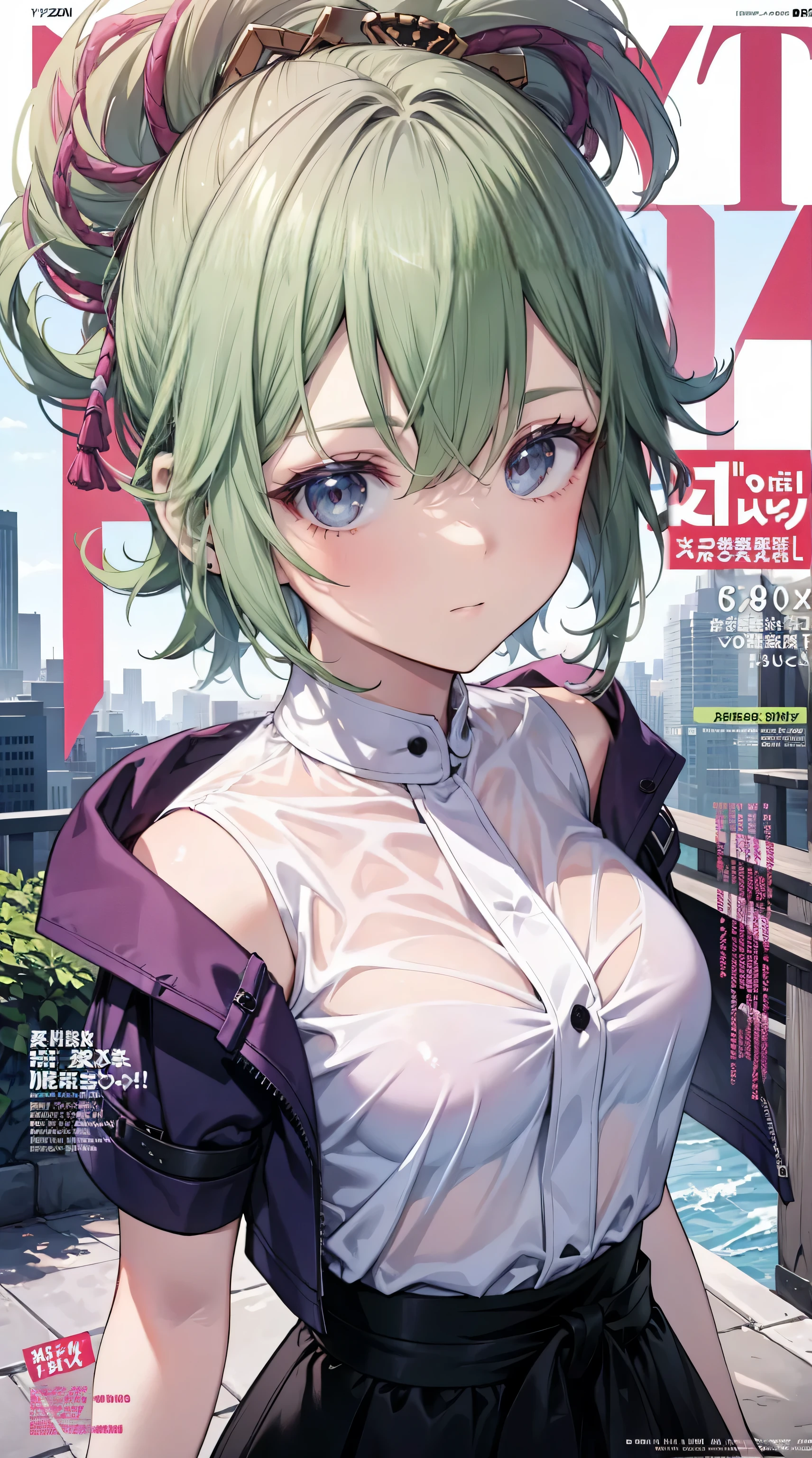 solo girl, upper body, white shirt, dark green hair, purple eyes, (( 8k, hyper realistic art, high resolution )), ultra realistic, blushing, smile at the audience, (( magazine cover ))