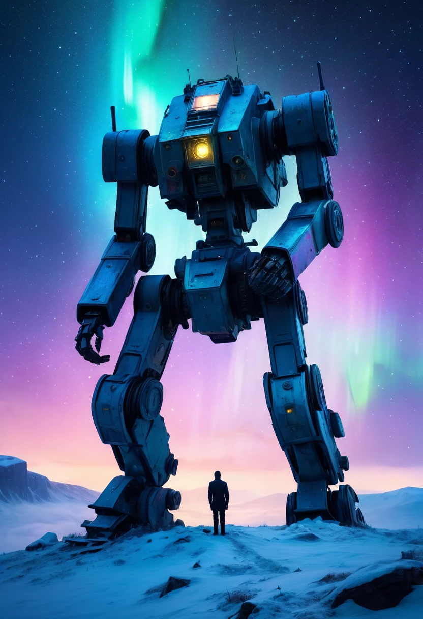 Abandoned kneeling Mech crying on hilltop, aurora borealis and snowstorm merge, ethereal atmosphere, textured abandoned kneeling Mech crying, starry night sky, ultrahigh definition, 3D depth, inspired by Ivan Aivazovsky, Edvard Munch, Salvador Dali