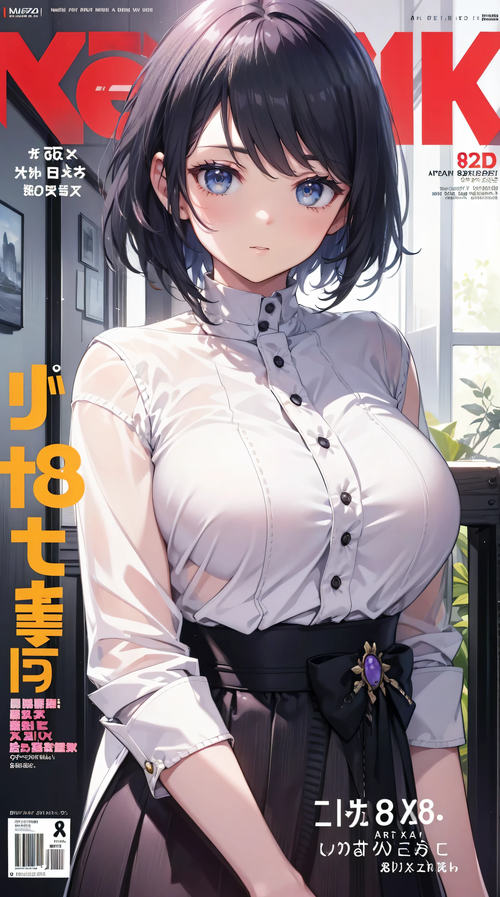 solo girl, upper body, white shirt, dark green hair, purple eyes, (( 8k, hyper realistic art, high resolution )), ultra realistic, blushing, smile at the audience, (( magazine cover ))