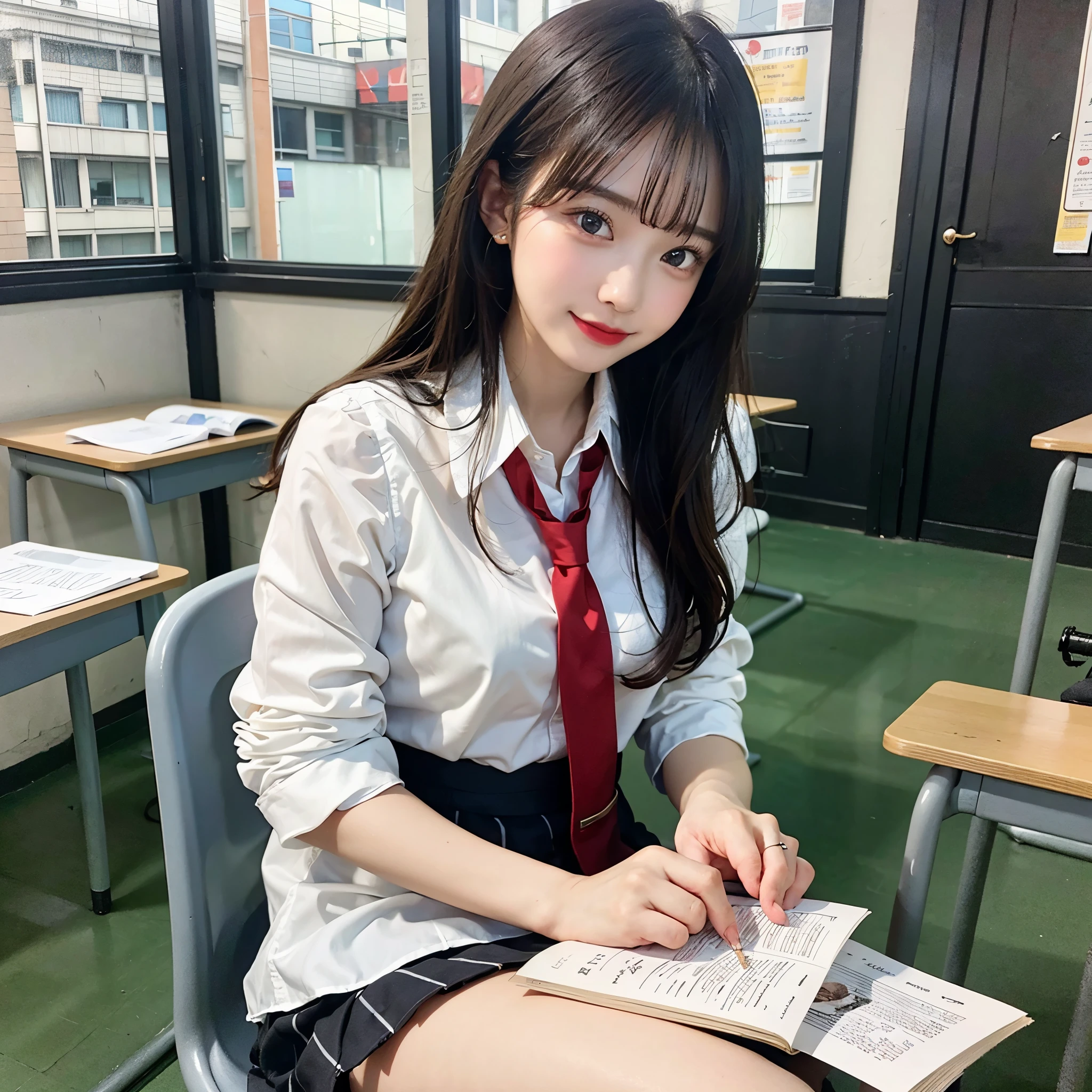 This image shows a young woman sitting at a desk in a classroom. She is wearing a white blouse, red tie and a skirt with black pleats, revealing white underwear. The style is reminiscent of a student uniform. Her long black hair is slightly bunched on the side, giving her a soft look. A blackboard can be seen in the background, on which a mathematical equation appears to be written. Her pose is relaxed and friendly.