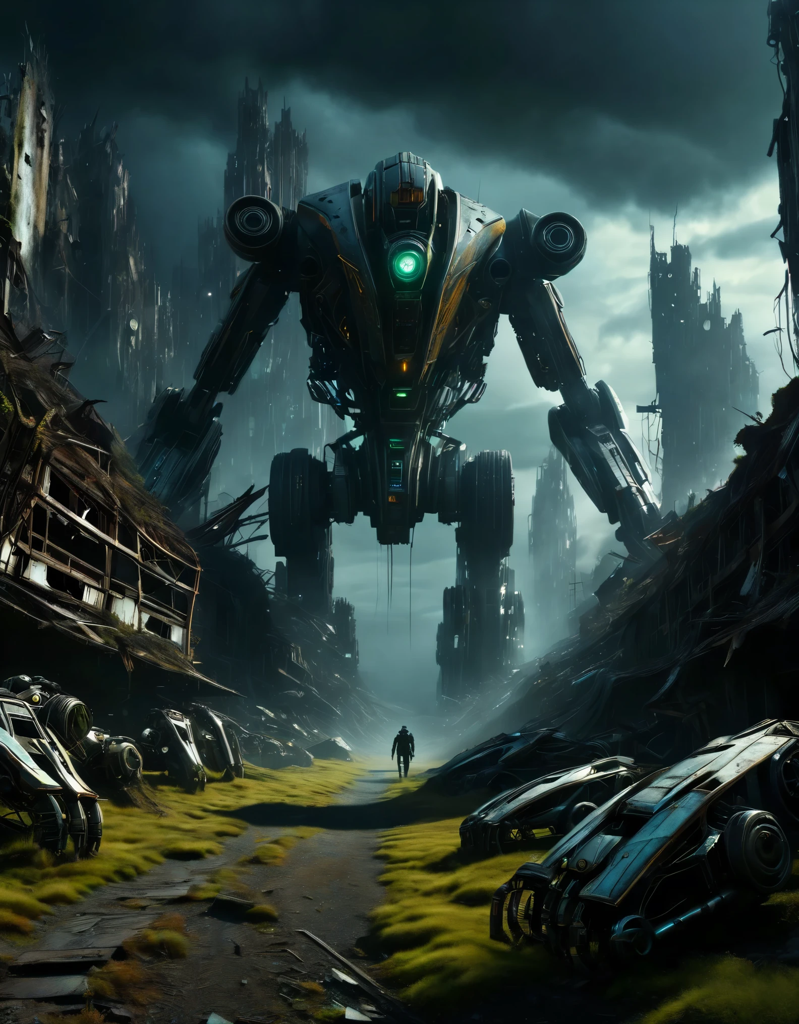 (Best Quality, High Definition), (Mountains of Abandoned Cyborg Limbs: 0.7), Cyborg Heads Amputated Limbs, Super Multi Mechanical Mutilated Bodies, Super Multi Scrapped Super Multi Broken Mechs, Mountain of Mechanical Junk, Post Apocalyptic, Anti-Utopia, Rusted Metal, Broken Parts, Moss, Ghostly Atmosphere, Destroyed Cities, Mechanical Wreckage, Lifeless, Desolation, Gloomy Lighting, dramatic perspective, decay, futurism, cyberpunk aesthetics, darkness, contrasts, shadows, mystery, abandoned buildings, wreckage, discarded machinery, ghostly, silence, solitude, desolation, fields