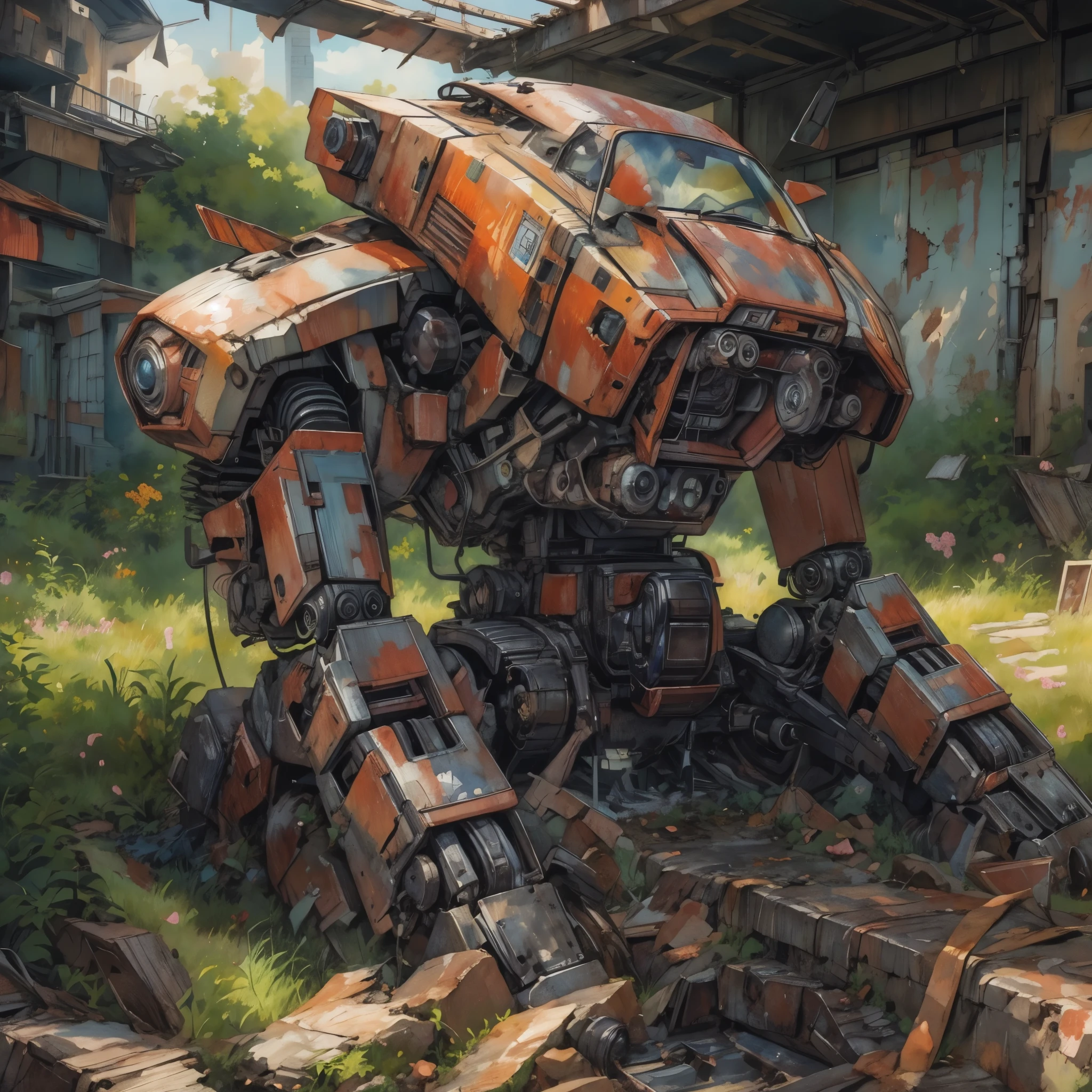 rusty Mecha, dead laying mecha, Abandoned Mech, {broken mecha:1.5}, in junkyard, scrapped, bushes, grass, {rusted. rust, rusty:1.5}, (anime:1.9), (watercolor, high detail, cinematic lighting, god rays, ray tracing, reflection light, backlighting, drop shadow, bokeh, UHD, retina, masterpiece, anatomically correct, super detail, high details, high quality, highres, best quality, 4K, 1080P, 8k