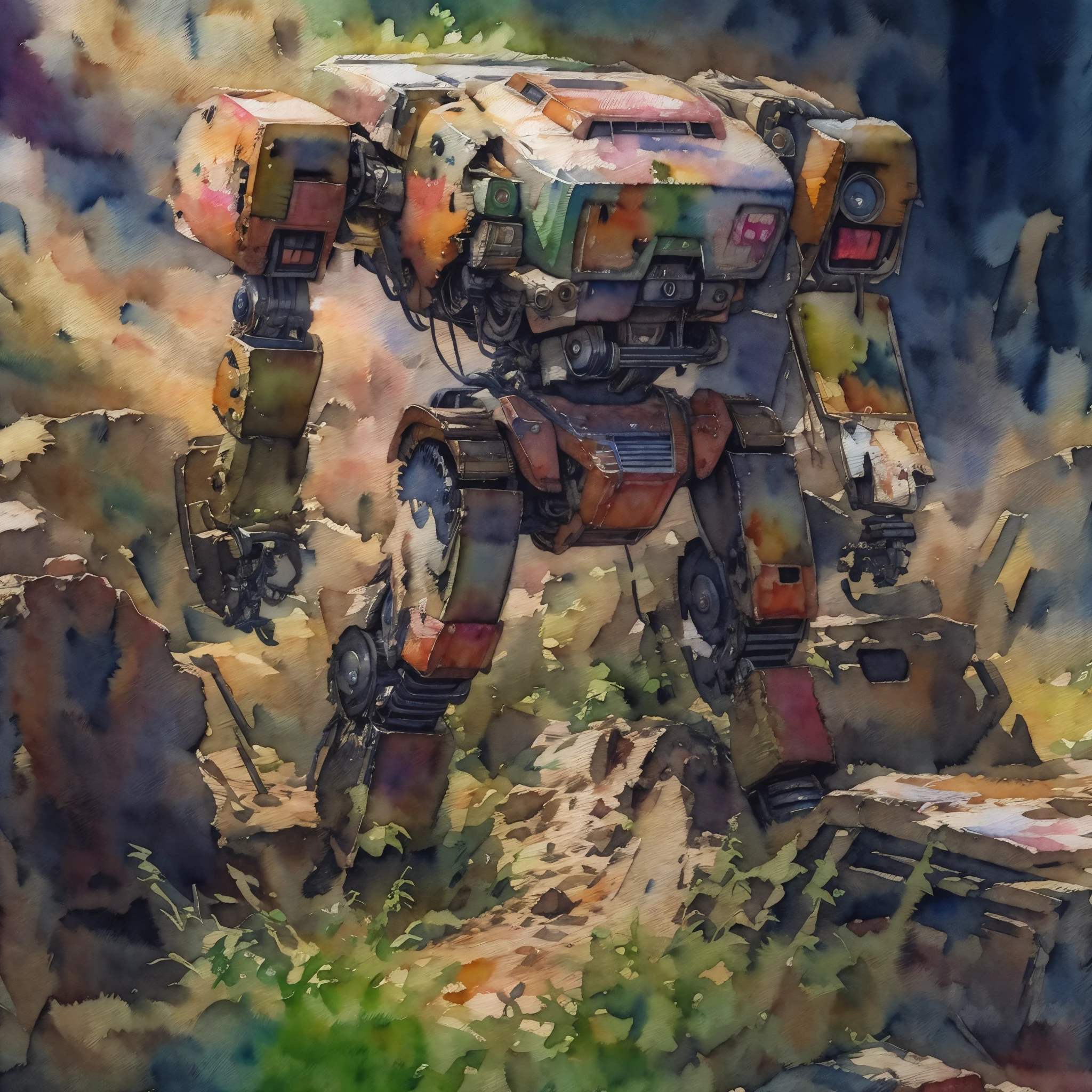 rusty Mecha, dead laying mecha, Abandoned Mech, {broken mecha:1.5}, in junkyard, scrapped, bushes, grass, {rusted. rust, rusty:1.5}, (anime:1.9), (watercolor, high detail, cinematic lighting, god rays, ray tracing, reflection light, backlighting, drop shadow, bokeh, UHD, retina, masterpiece, anatomically correct, super detail, high details, high quality, highres, best quality, 4K, 1080P, 8k