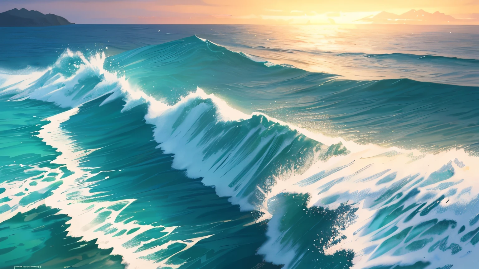 Masterpiece, best quality, (very detailed CG unity 8k wallpaper) (best quality), (best illustration), (best shadows) Nature', turquoise greek sea, light wave, light Tracking, super detailed --v6
