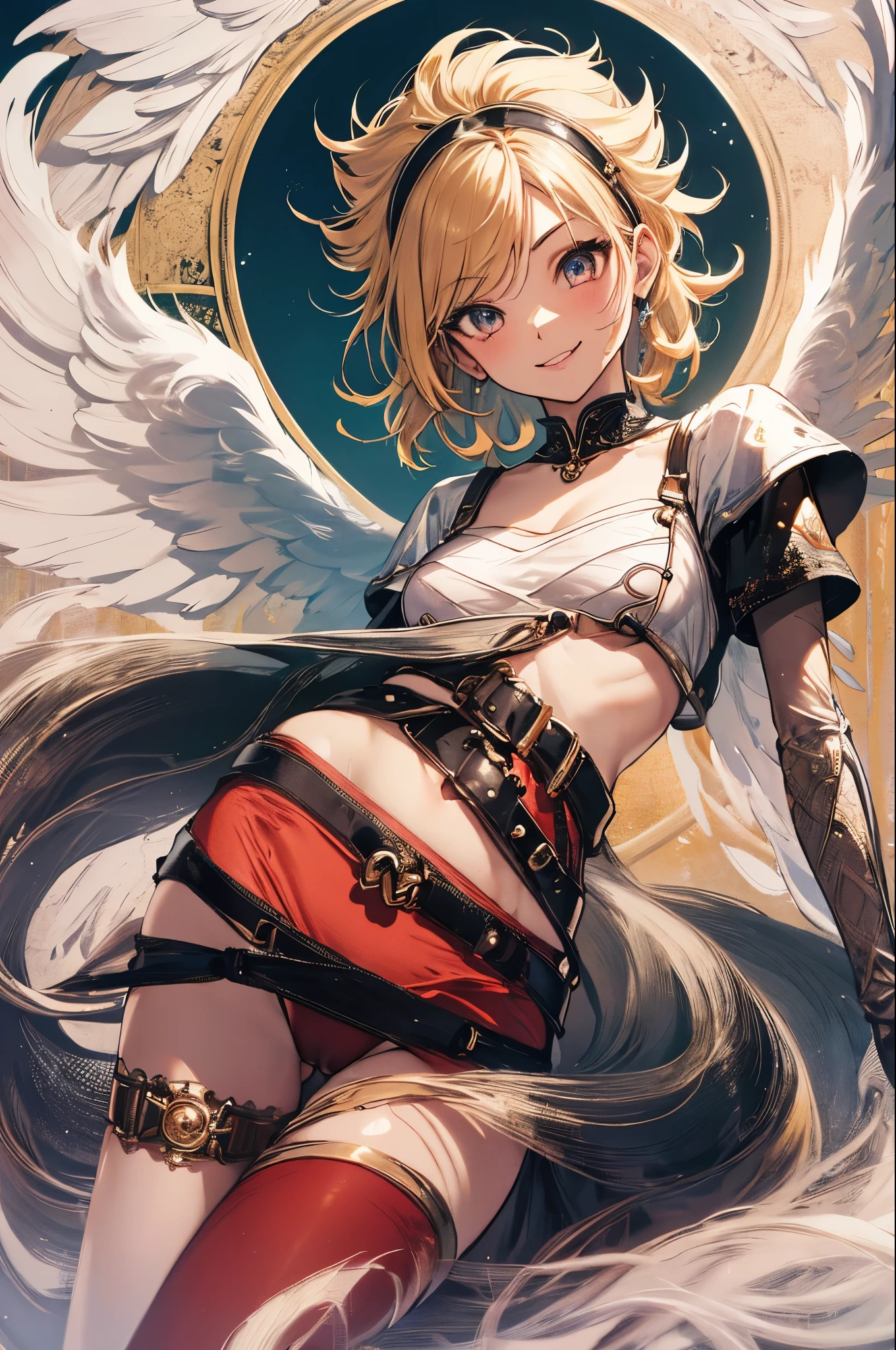 nina (bof1),1girl,((angel wings)),smile,(red leotard, armor, thighhighs), short hair,blond hair, solo,(cameltoe:1.3),top-quality,Top image quality,perfect anatomy,masterpiece,ultra-detailliert,Beautiful、ultra-quality, best quality,high resolution, ultra-detailed,game cg,dutch angle ,beautiful detailed eyes, visualart,five fingers, perfect hands,
