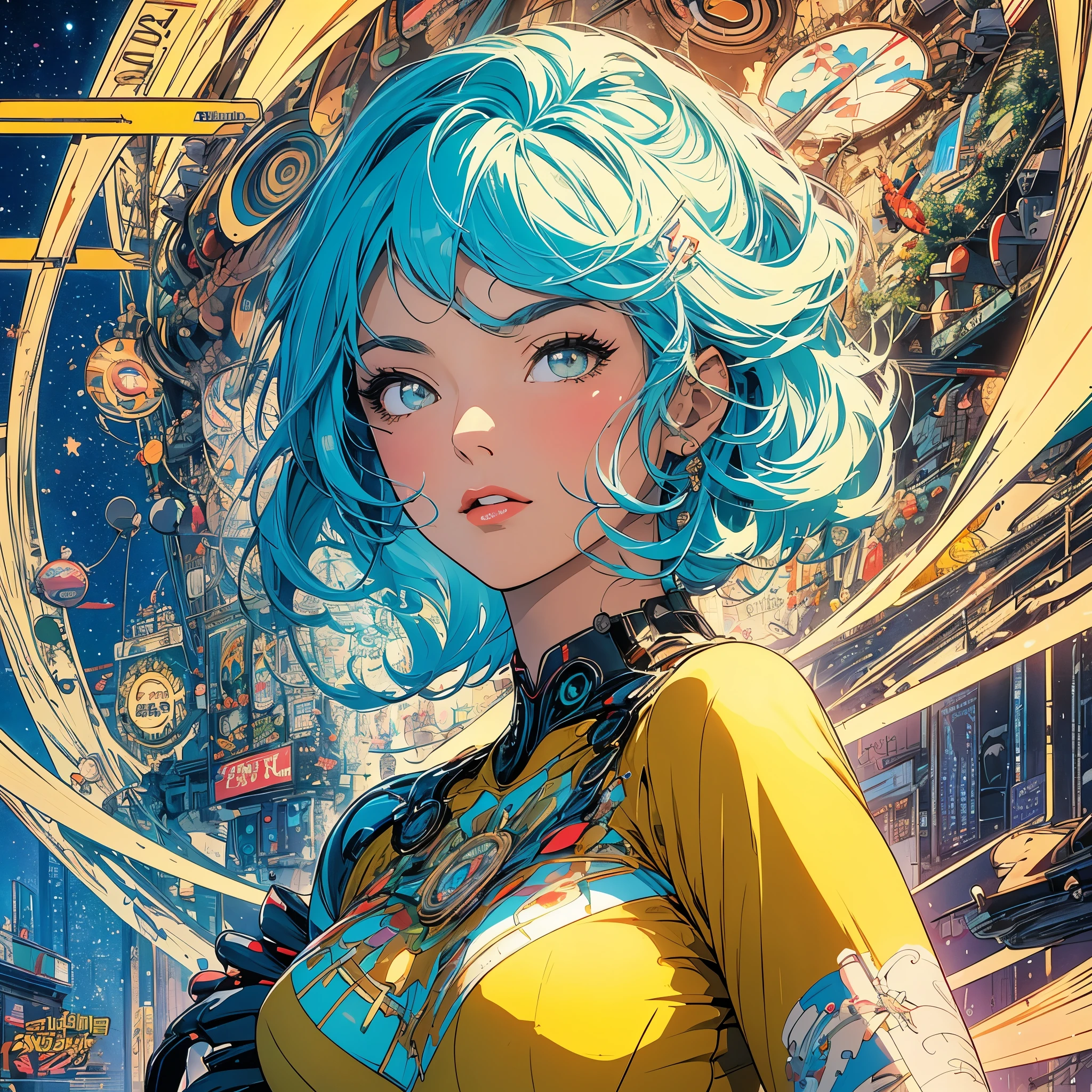 (masterpiece, highest quality), 32K,(highly detailed beautiful woman), poster,SF,1960s,1970s,bauhaus, shape, abstract,movie poster, vintage,retro,futuristic anime,ultimate map,highlight,highly detailed glowing eyes,cleavage,complicated pattern,Stylish hairstyle,yellow clothes,Starry Sky,cyber-