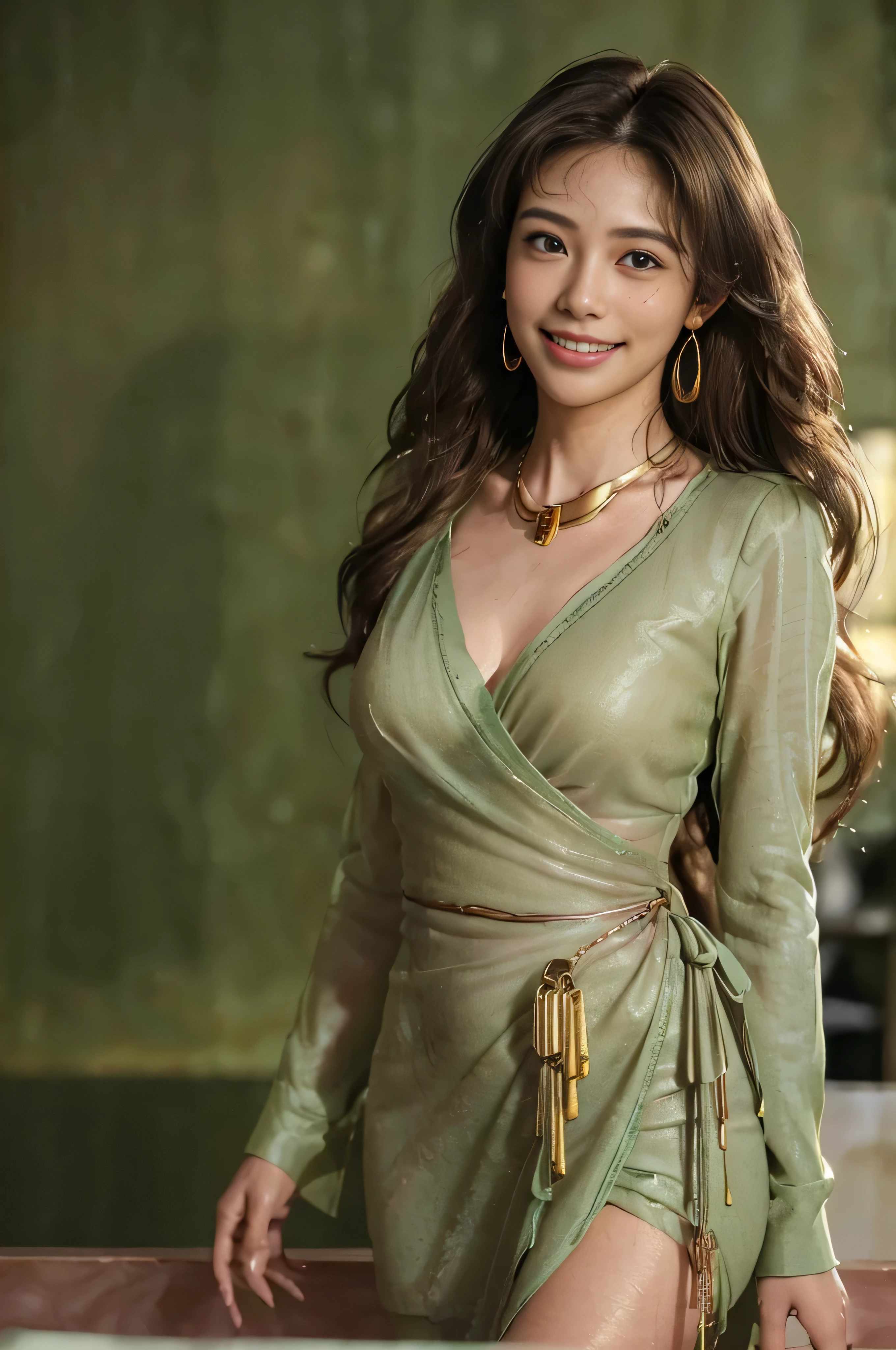 ((Beautiful girl from Japan:1.3),((green long-sleeved wrap dress:1.3)),((In a crowded café at dusk:1.3)) ((Thin_textile:1.4)) ((standing gracefully:1.3))((Blushing face:1.4)) ((Large breasts same as:1.1)) ((close-up:1.2)) Best Quality,masutepiece,超A high resolution,(Photorealistic:1.4),Raw foto,(Authentic skin texture:1.3),(Film grain:1.3),the panorama,Character Portrait,Very Wide Shot,big breasts thin waist,Cowboy Shots,(Darkin, deepshadow, lowkey, cold light,) natta,(()),Streaming Tears,,Dust,Tindall Effect,(expressions),1girl in,beautiful detailed eyes and face,White Jabot,Brown eyes,((Brown-colored super long hair:1.4)) ((FULL BODYSHOT:1.5)) ((Smile:1.3)),(((Nice)))((gold necklace_Large earrings:1.2)),((Hair with loose waves inside:1.2)),