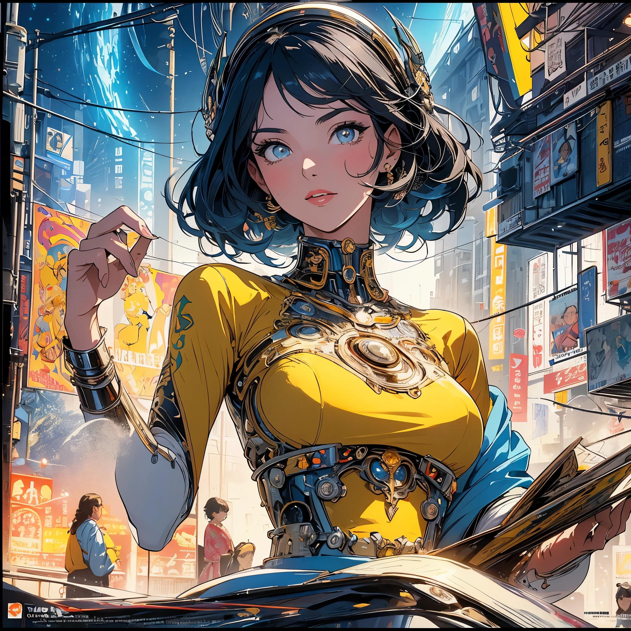 (masterpiece, highest quality), 32K,(highly detailed beautiful woman), poster,SF,1960s,1970s,bauhaus, shape, abstract,movie poster, vintage,retro,futuristic anime,ultimate map,highlight,highly detailed glowing eyes,cleavage,complicated pattern,Stylish hairstyle,yellow clothes,Starry Sky,cyber punk