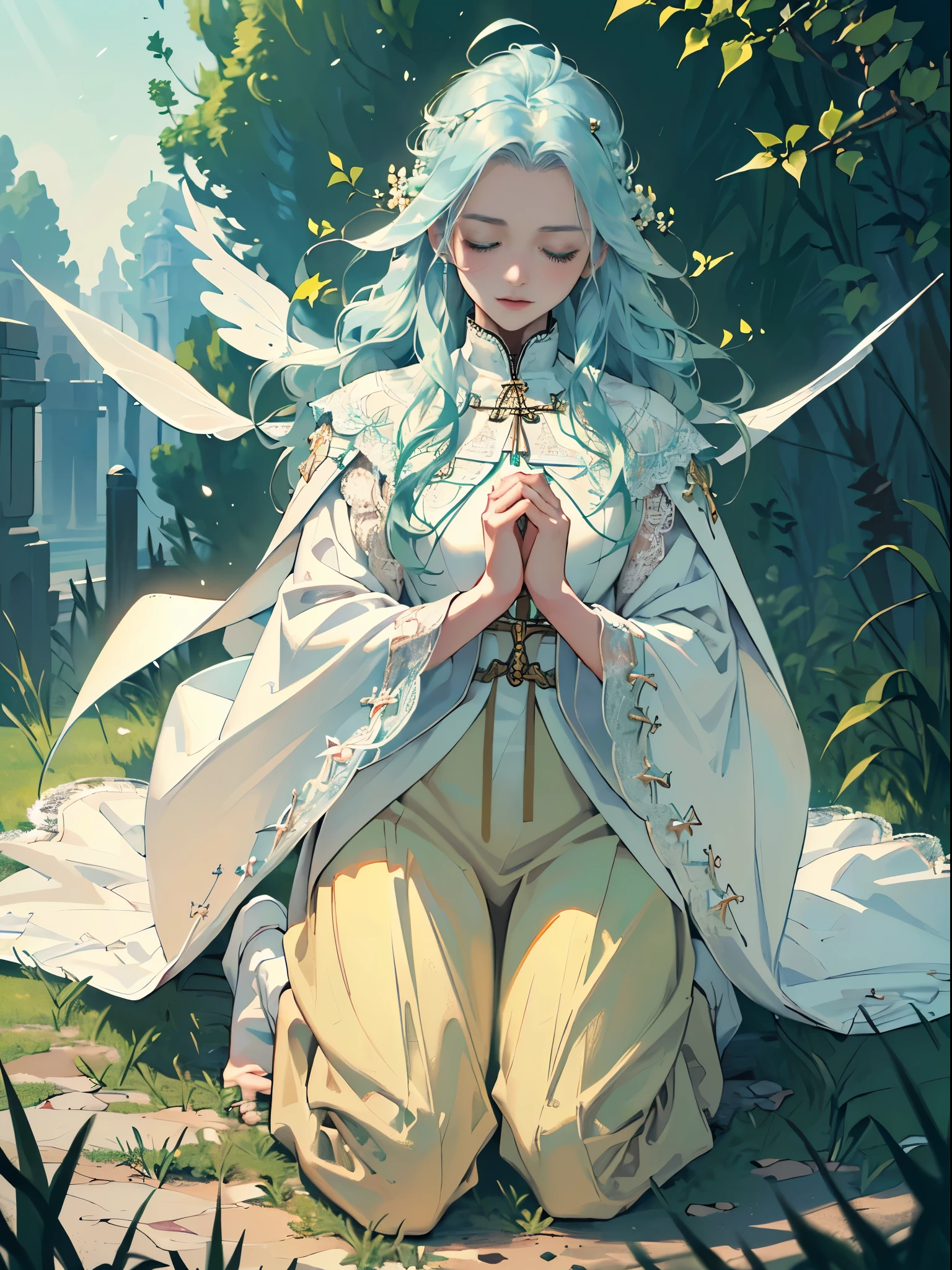 masterpiece, ultra detailed, 8k portrait, RAW photo, portrait photography, Highly detailed face, beautiful, (((close eyes))), ((Fantasy)), Young beautiful, (((Female priest))), (((((wariza))))), (((pray with your hands together in front of your chest))), ((light blue long thin hair)), ahoge, forehead, Gentle face, White skin, (((green and white puffy sleeve lace priest robes))), ((brown cape)) Fluttering in the wind, (((lowleg kneel length pants))), Leather boots, Hyper realistic, Body model, Small breasts, Beautiful breasts, Long legs, in the dark mid night outdoor, Ambient lighting, Shadow details, Camera focus on face, strong breeze, Light fog, (((((Warm light like a Goddes overflows from my chest and illuminates the area)))))