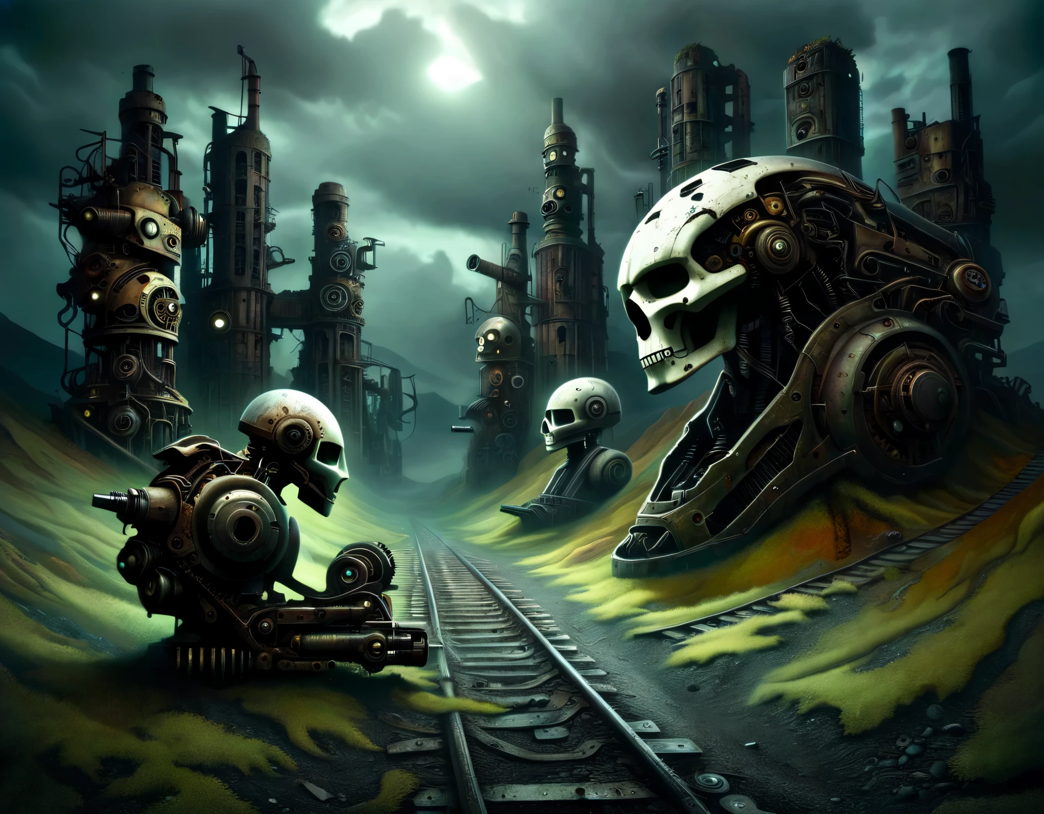 (Best Quality, High Definition), (Mountains of Abandoned Mechanicals), Super duper mechanical heads with severed limbs, Super duper mechanical heads with mutilated bodies, Super duper scrapped mechanical heads, Super duper broken mech junk mountains, mechanical junk mountains, Post-apocalyptic, anti-utopia, rusted metal, broken parts, moss, ghostly atmosphere, destroyed cities, mechanical wrecks, lifelessness, desolation, somber lighting, dramatic perspective, decay, futuristic, cyberpunk aesthetics, darkness, contrasts, shadows, mystery, abandoned buildings, wreckage, discarded machinery, haunted, silence, solitude, desolation, fields