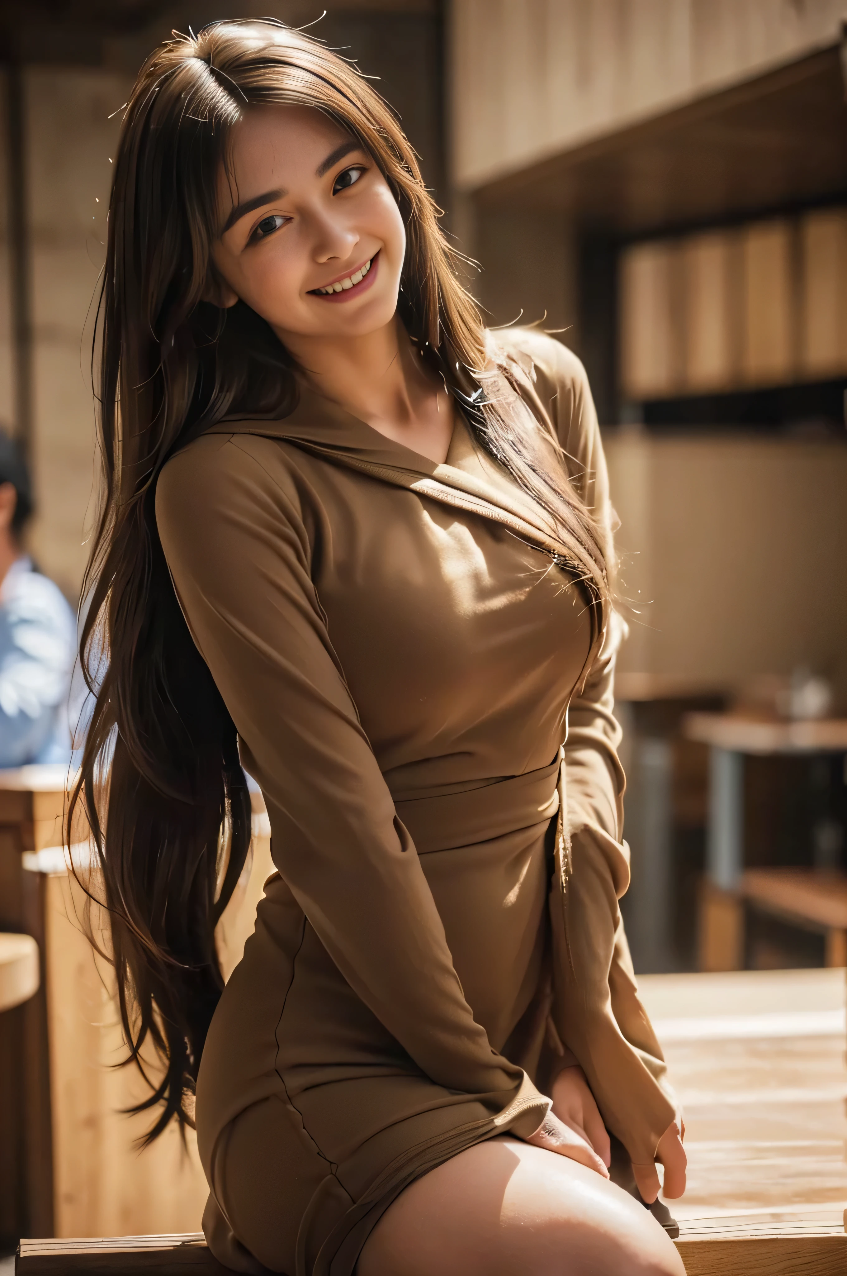 ((Beautiful girl from Japan:1.3))((Uniforms:1.4))((pantyshot:1.5))((Park)),((Brown long-sleeved wrap dress:1.3)),((In a crowded café at dusk:1.3)) ((Thin_textile:1.4)) ((Random sexy poses:1.3)) ((full of sweat:1.5))((Blushing face:1.4)) ((Large breasts same as:1.1)) ((close-up:1.2)) Best Quality,masutepiece,超A high resolution,(Photorealistic:1.4),Raw foto,(Authentic skin texture:1.3),(Film grain:1.3),the panorama,Character Portrait,Very Wide Shot,big breasts thin waist,Cowboy Shots,(Darkin, deepshadow, lowkey, cold light,) natta,(()),Streaming Tears,,Dust,Tindall Effect,(expressions),1girl in,beautiful detailed eyes and face,White Jabot,Brown eyes,((Brown-colored super long hair:1.4)) ((FULL BODYSHOT:1.5)) ((Smile:1.3)),(((Nice)))
