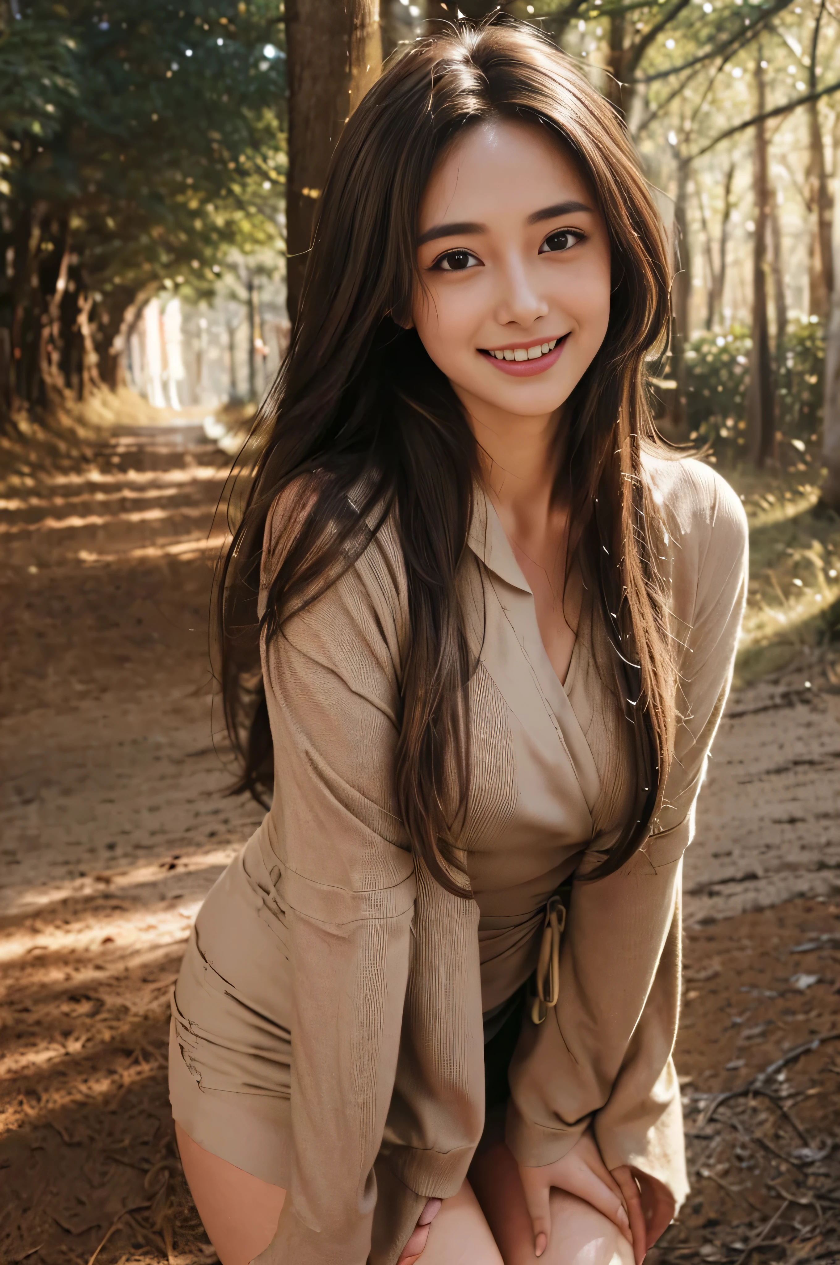 ((Beautiful girl from Japan:1.3))((pantyshot:1.5))((in woods:1.4)),((Brown long-sleeved wrap dress:1.3)), ((Thin_textile:1.4)) ((Random sexy poses:1.3)) ((full of sweat:1.5))((Blushing face:1.4)) ((Large breasts same as:1.1)) ((close-up:1.2)) Best Quality,masutepiece,超A high resolution,(Photorealistic:1.4),Raw foto,(Authentic skin texture:1.3),(Film grain:1.3),the panorama,Character Portrait,Very Wide Shot,big breasts thin waist,Cowboy Shots,(Darkin, deepshadow, lowkey, cold light,) natta,(()),Streaming Tears,,Dust,Tindall Effect,(expressions),1girl in,beautiful detailed eyes and face,White Jabot,Brown eyes,((Brown-colored super long hair:1.4)) ((FULL BODYSHOT:1.5)) ((Smile:1.3)),(((Nice)))