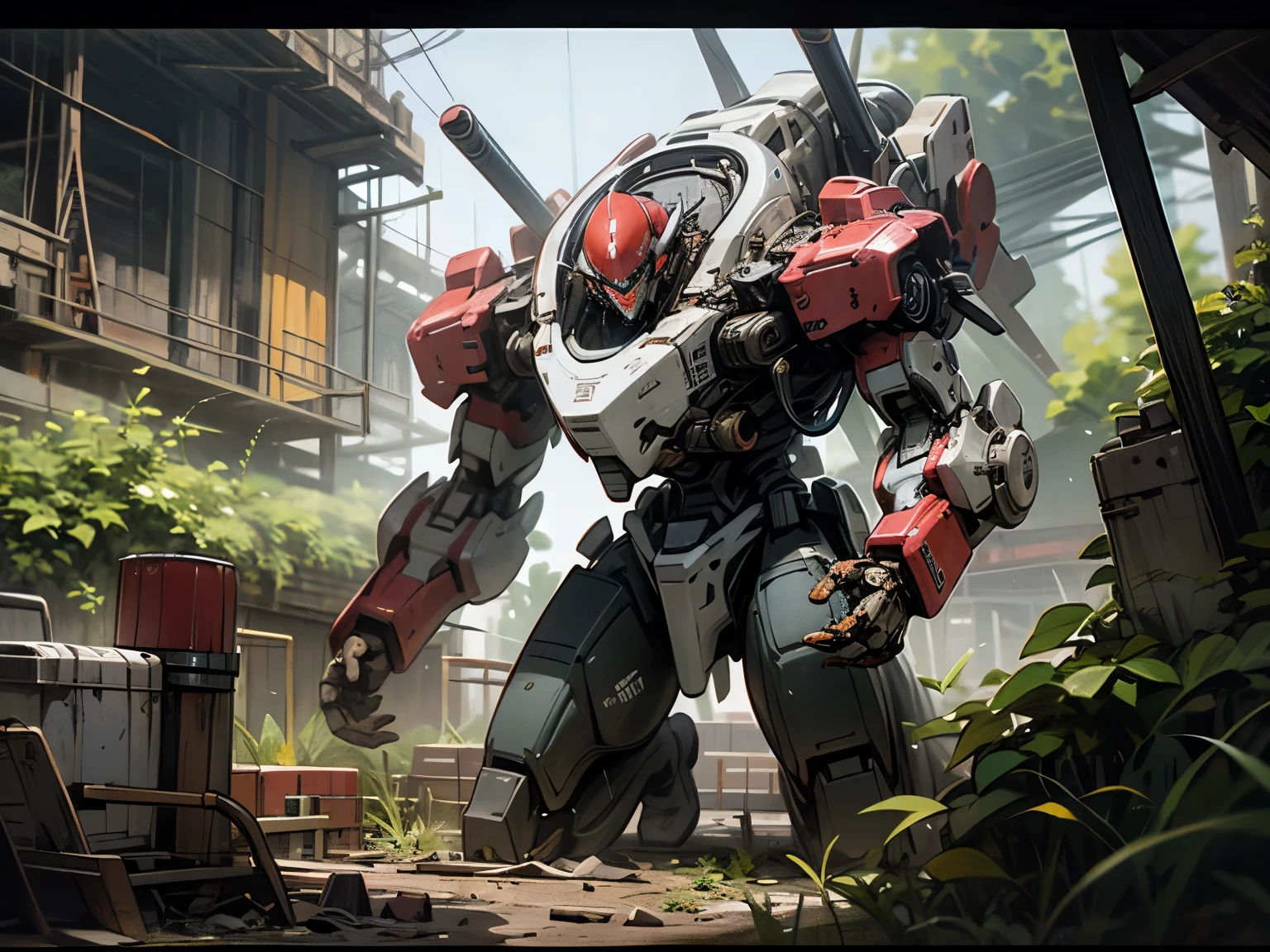 A super broken half of the mecha is buried underground.，Broken a mechanical arm，Covered with weeds，8k，Super fine，Super realistic，Meticulous portrayal，masterpiece