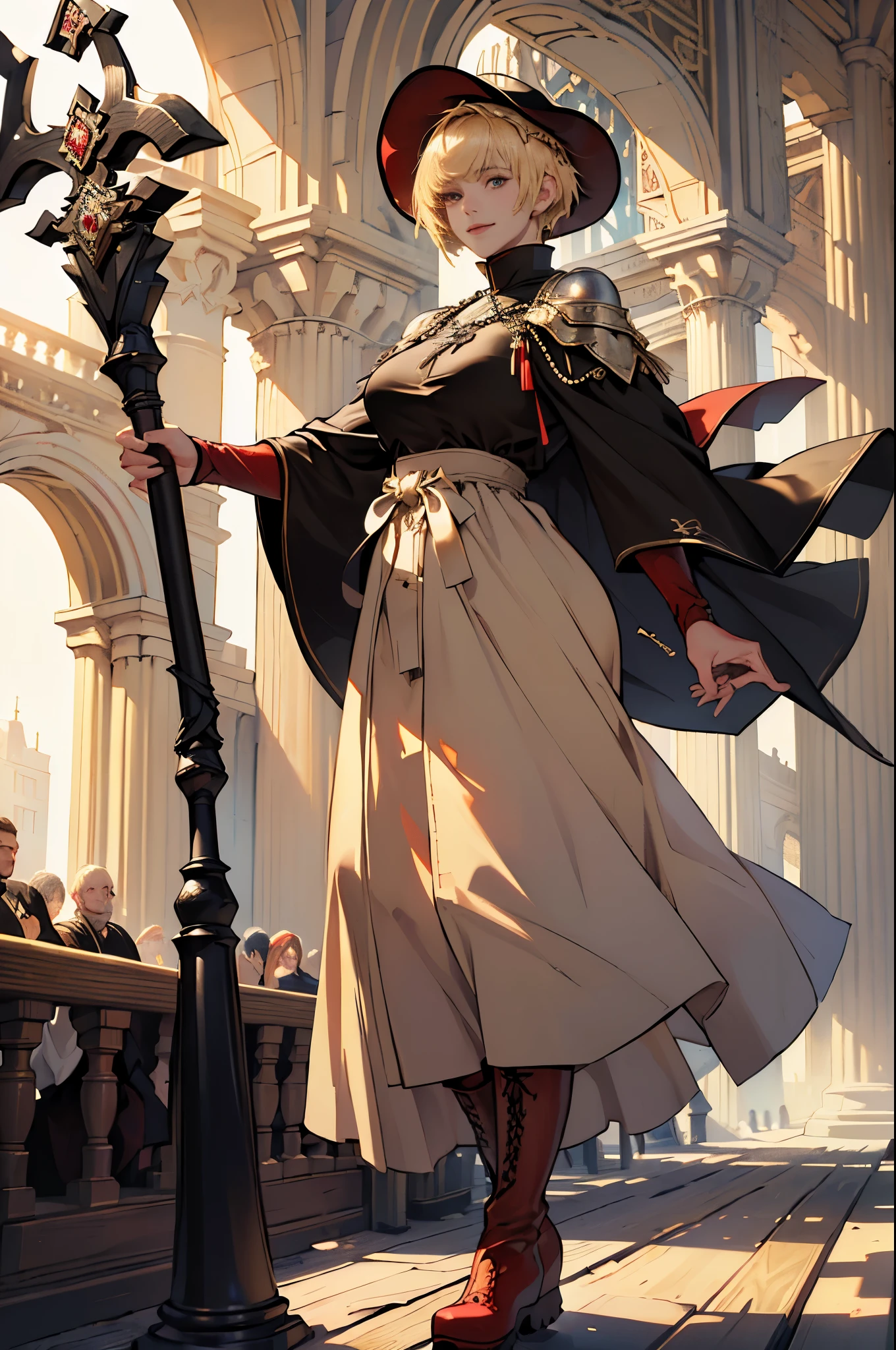 masterpiece, ultra detailed, 8k portrait, RAW photo, portrait photography, highly detailed face, beautiful and meticulous eyes, ((Fantasy)), Young beautiful, dynamic pose, kind face, smile, (((Blonde very short hair, bangs))), ((Priest)), wood necklace, clergy hat, (((long cloak))) fluttering in the wind, (((dark dull red oversized Priest tunic))), (((long skirt)), (((low boots))), ((holding long wood staff)), big shoulder bag, Midday Sun, hyper realistic, Body model, Big breasts, Beautiful breasts, Long legs, in the crowd, Ambient lighting, Shadow details , Camera focus on face, strong breeze, Light fog
