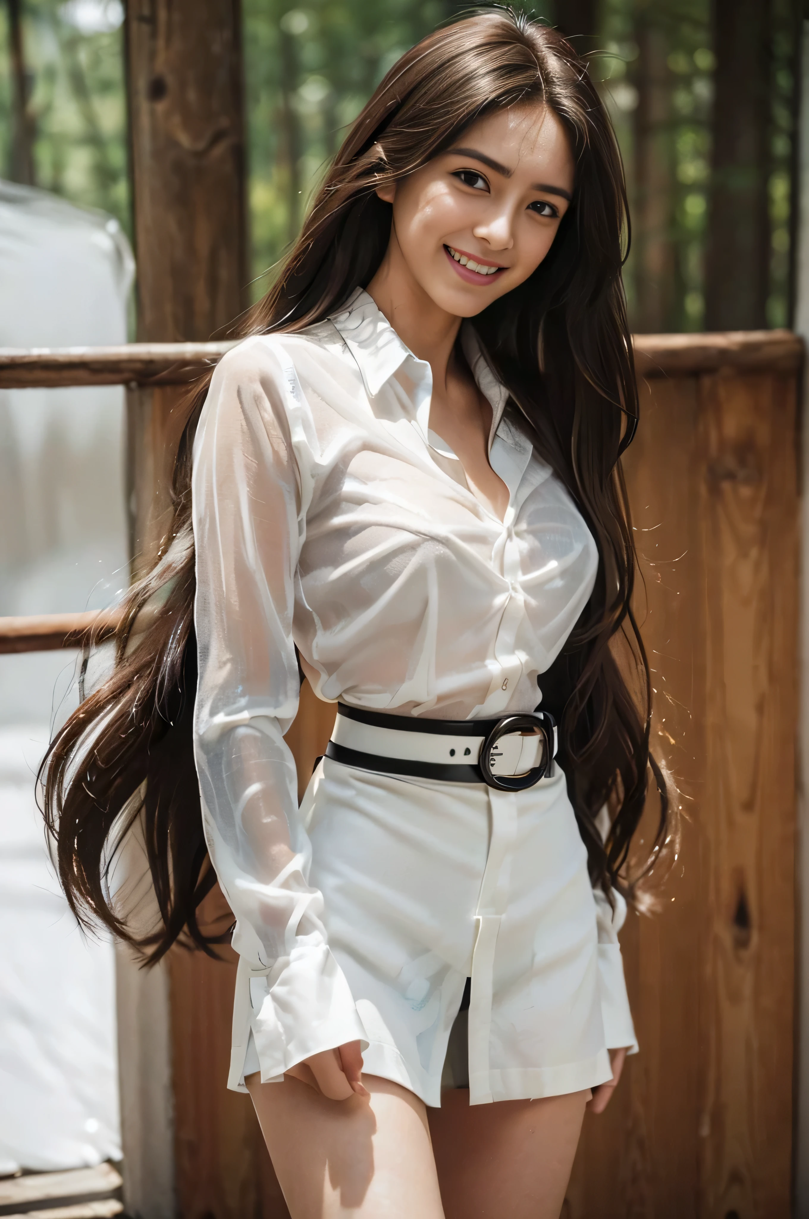 ((Beautiful girl from Japan:1.3))((pantyshot:1.5))((in woods:1.4)),((((White see-through shirt、a belt、a black skirt:1.3)),)), ((Thin_textile:1.4)) ((Random sexy poses:1.3)) ((full of sweat:1.5))((Blushing face:1.4)) ((Large breasts same as:1.1)) ((close-up:1.2)) Best Quality,masutepiece,超A high resolution,(Photorealistic:1.4),Raw foto,(Authentic skin texture:1.3),(Film grain:1.3),the panorama,Character Portrait,Very Wide Shot,big breasts thin waist,Cowboy Shots,(Darkin, deepshadow, lowkey, cold light,) natta,(()),Streaming Tears,,Dust,Tindall Effect,(expressions),1girl in,beautiful detailed eyes and face,White Jabot,Brown eyes,((Brown-colored super long hair:1.4)) ((FULL BODYSHOT:1.5)) ((Smile:1.3)),(((Nice)))